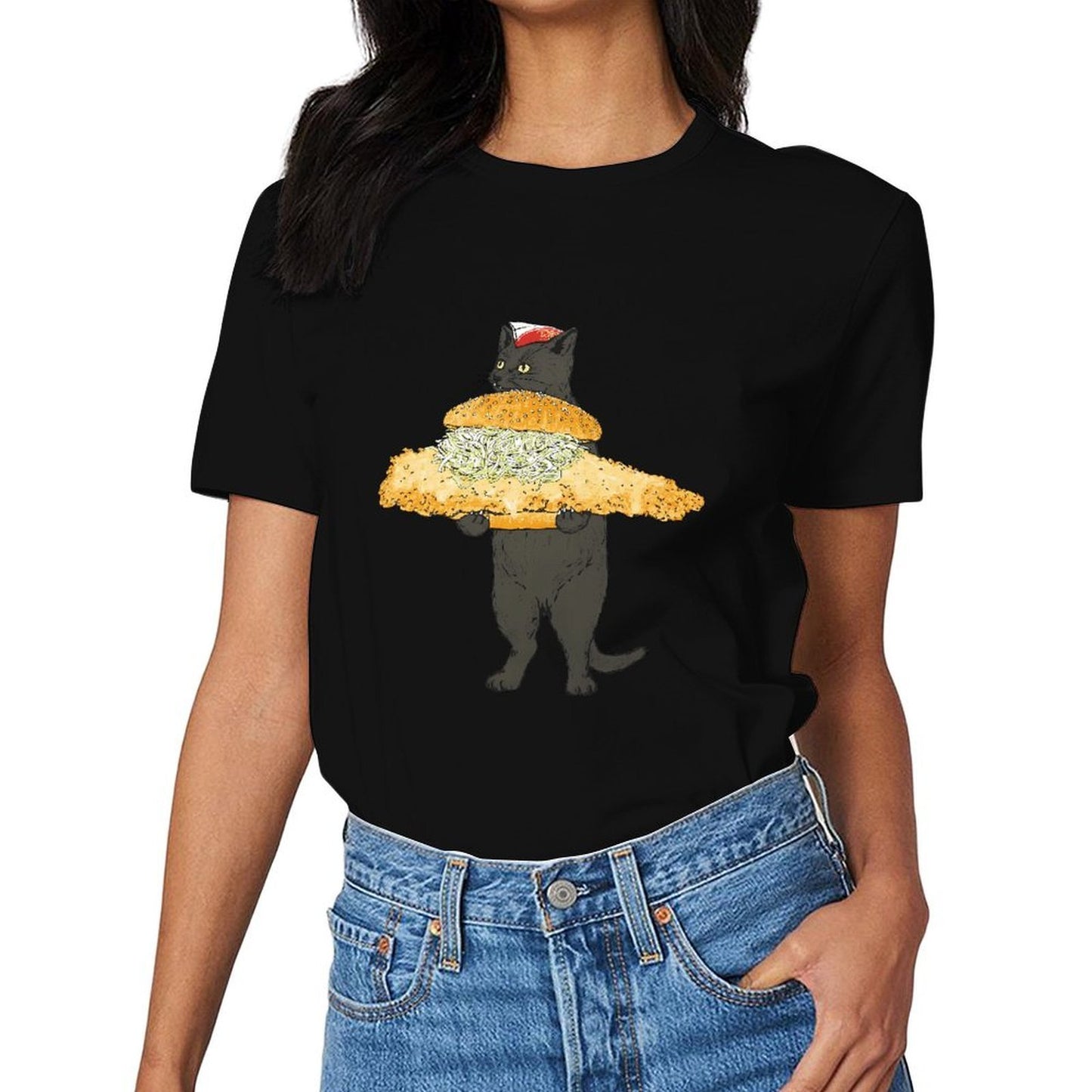 Inkmay Casual Cotton T-shirt Cat Holding Giant Sandwich With Toppings Unisex T-shirtAllSeason StreetLine T-Shirt