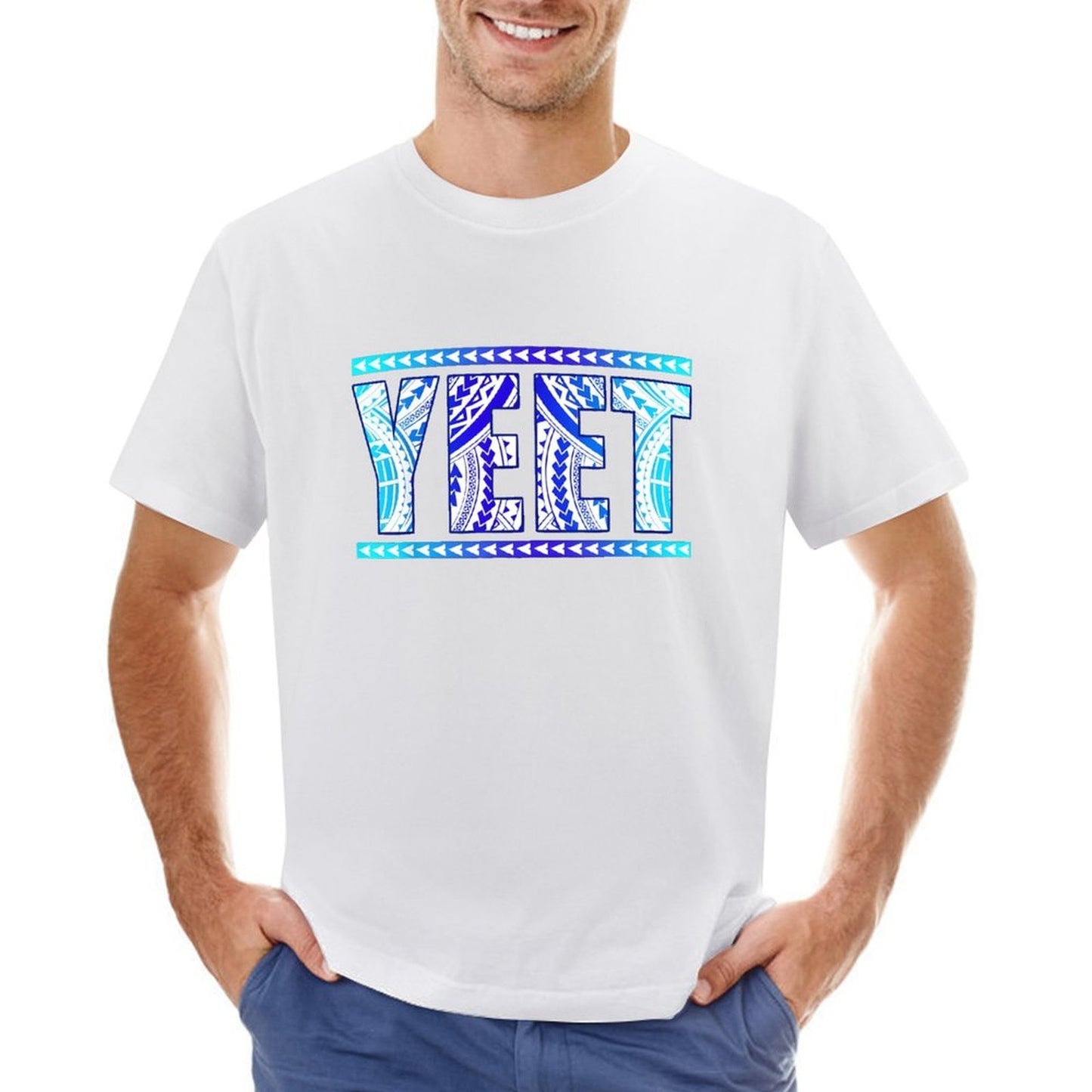 Inkmay Casual Cotton T-shirt Bold Blue Tribal Art Print Design Unisex T-shirtClean Original T-Shirt