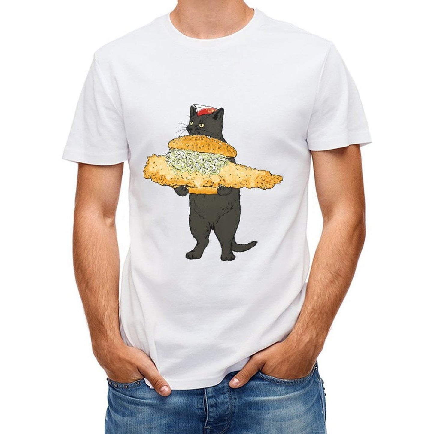 Inkmay Casual Cotton T-shirt Cat Holding Giant Sandwich With Toppings Unisex T-shirtAllSeason StreetLine T-Shirt