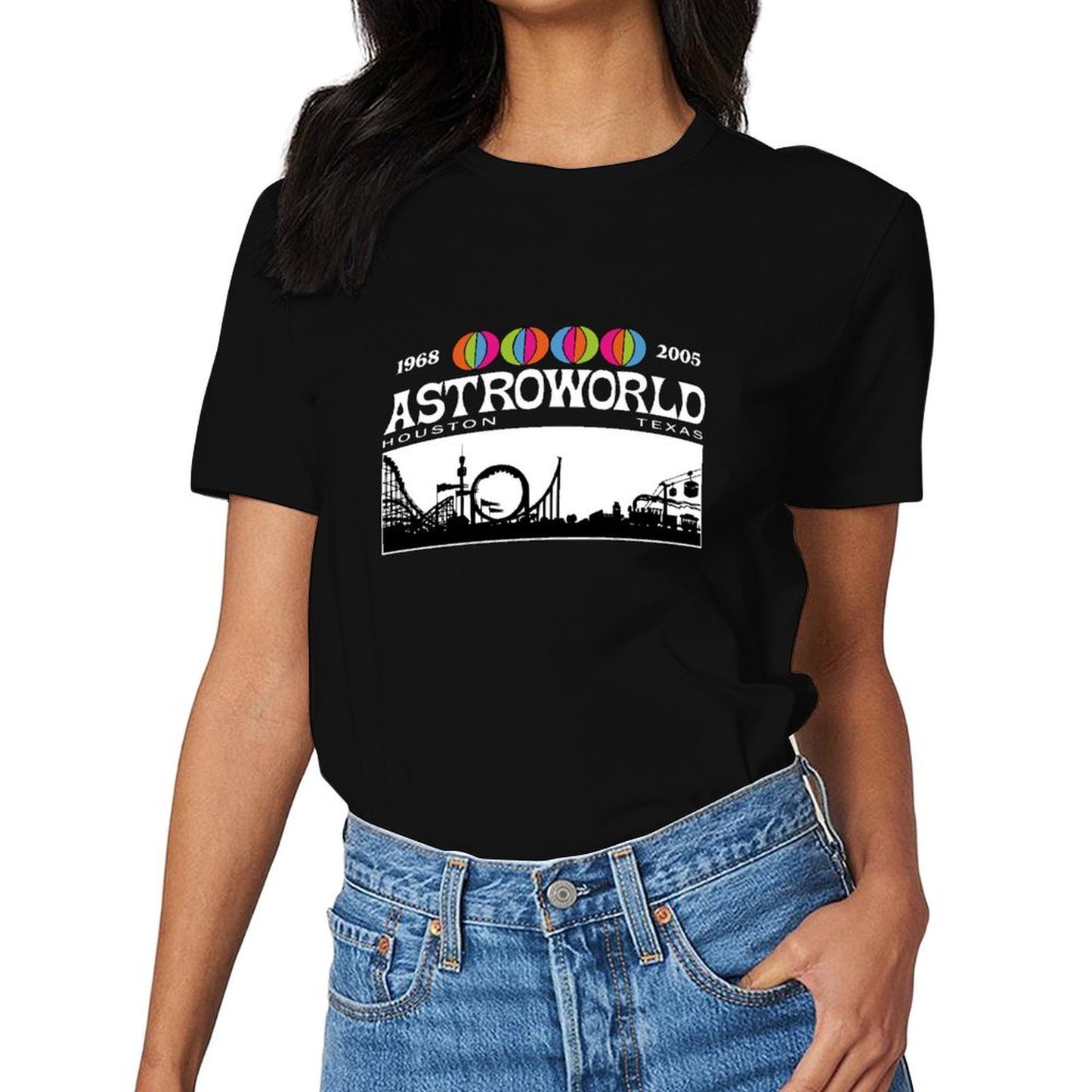 Inkmay Casual Cotton T-shirt Amusement Park Silhouette With Colorful Balloons Unisex T-shirtEco-Conscious Tear-Resistant T-Shirt