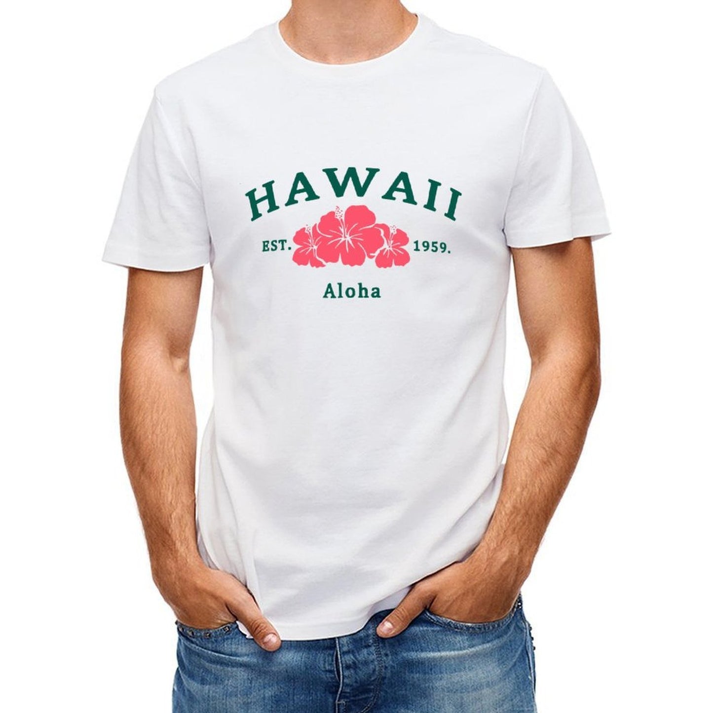 Inkmay Casual Cotton T-shirt Abstract Pink Shape On Green Background Unisex T-shirtPocket Tee Print-Ready T-Shirt