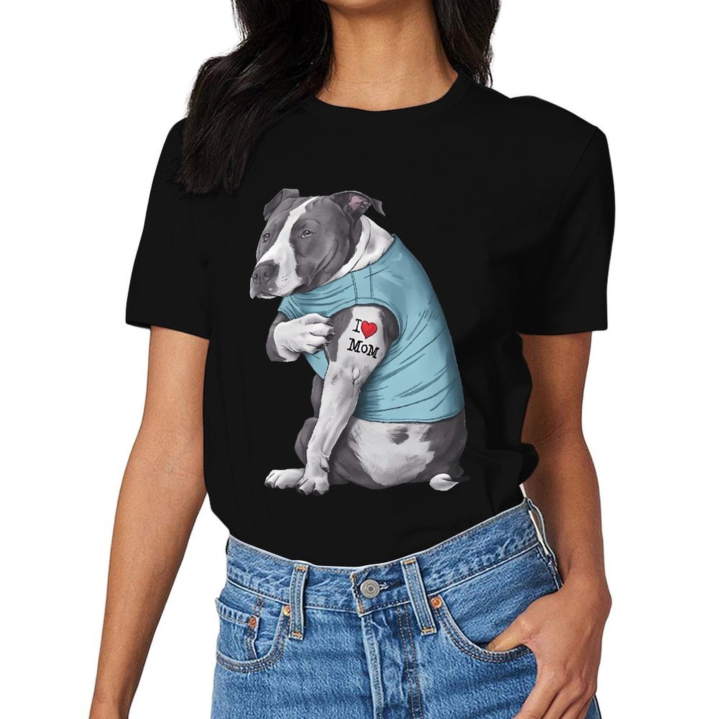 Inkmay Casual Cotton T-shirt Dog Wears Blue Shirt Tattoo Mom Unisex T-shirtEveryday ClassicStyle T-Shirt