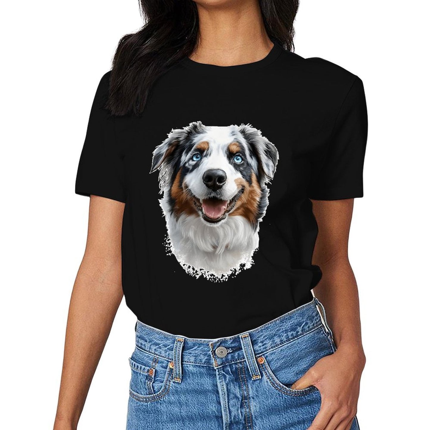 Inkmay Casual Cotton T-shirt Colorful Dog Portrait With Blue Eyes Unisex T-shirtClassic Fit 100% Cotton T-Shirt