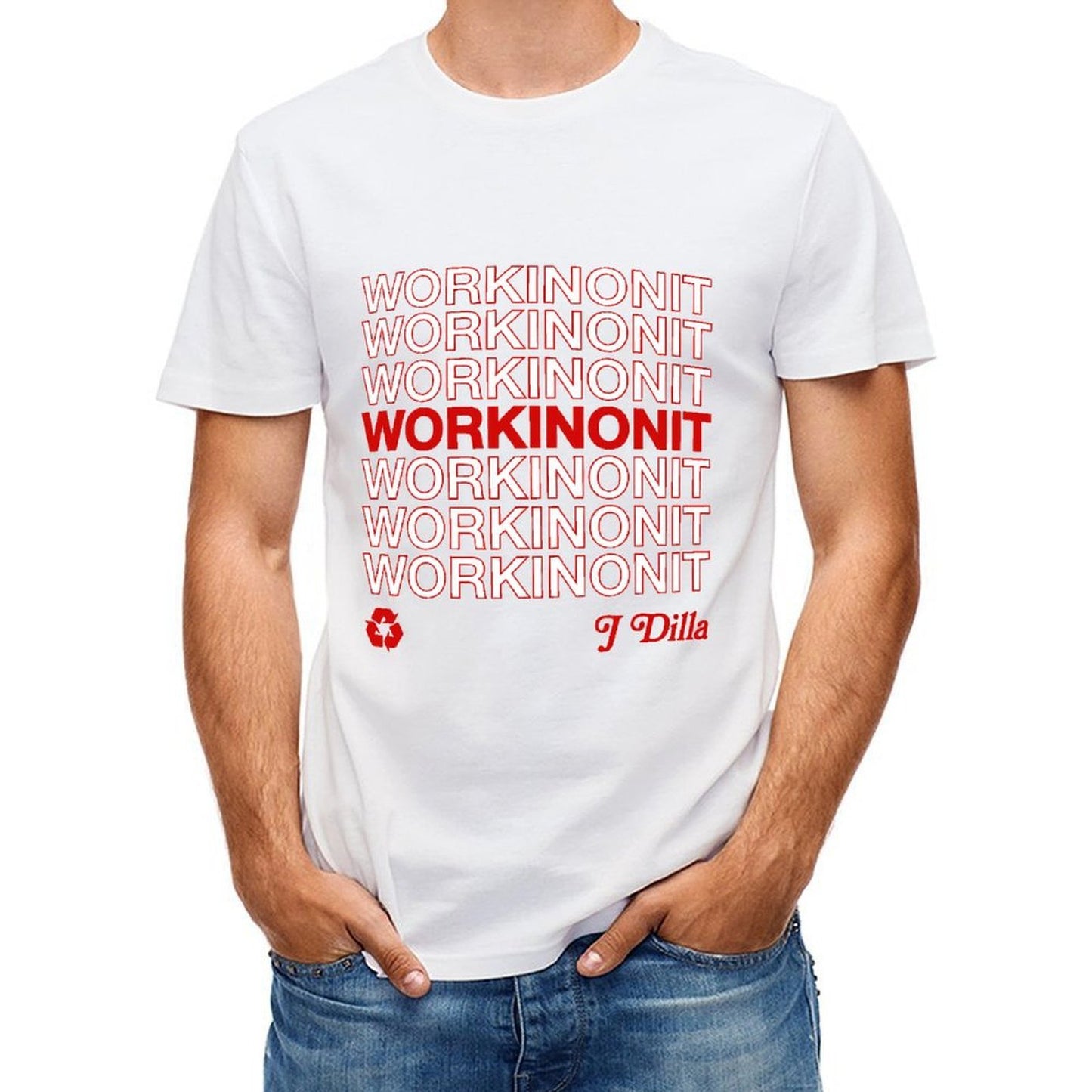 Inkmay Casual Cotton T-shirt Workinonit Pattern Printed On Red Unisex T-shirtRelaxed ClassicLine T-Shirt