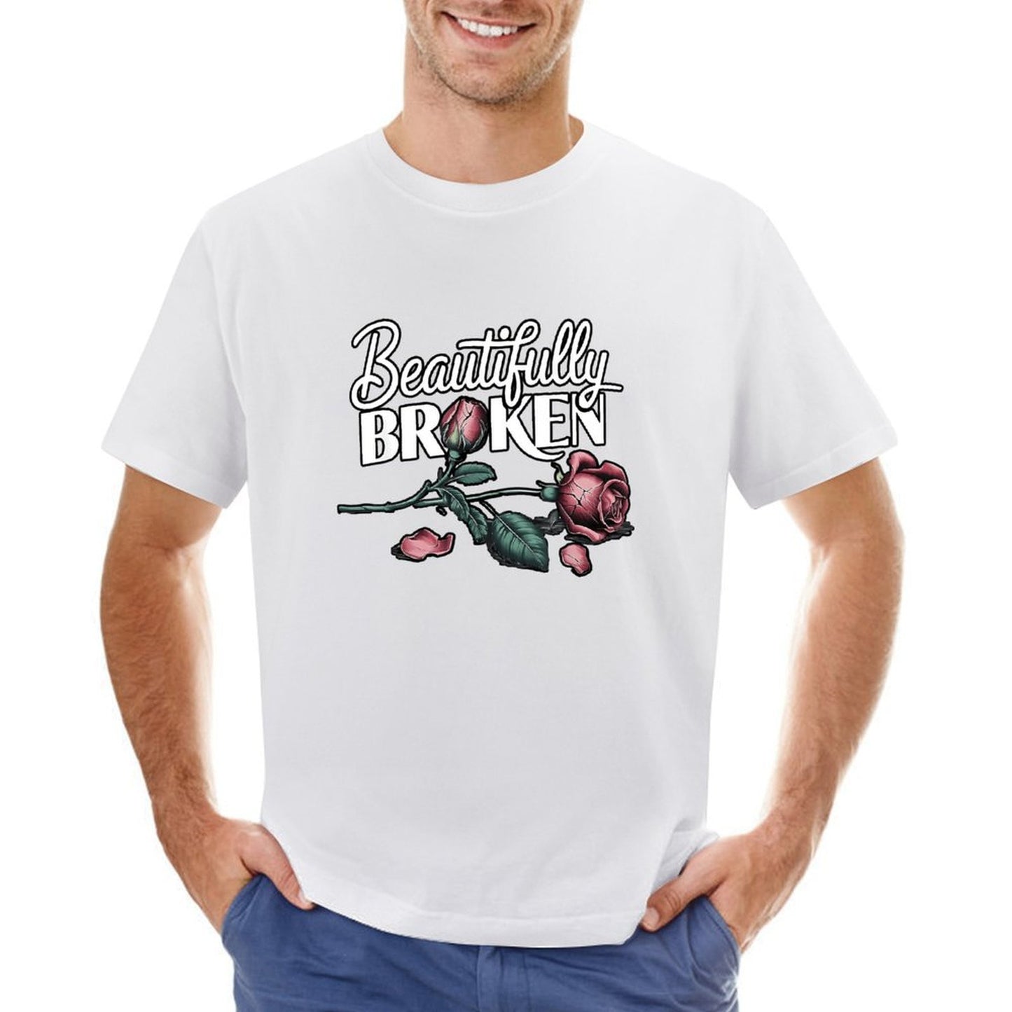Inkmay Casual Cotton T-shirt Beautifully Broken Roses On Dark Background Unisex T-shirtClassic Fit Series T-Shirt