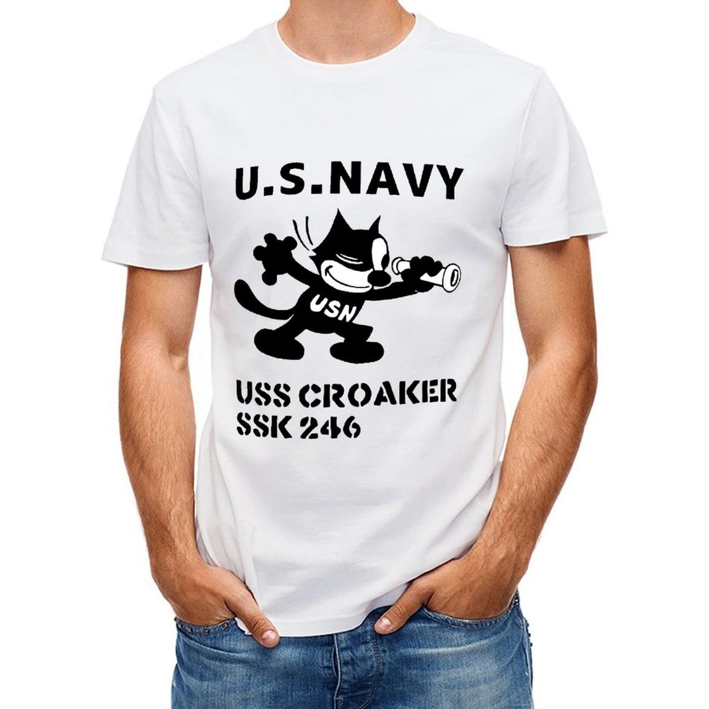 Inkmay Casual Cotton T-shirt Usn Silhouette With Trumpet And Anchor Unisex T-shirtClassic Printed T-Shirt