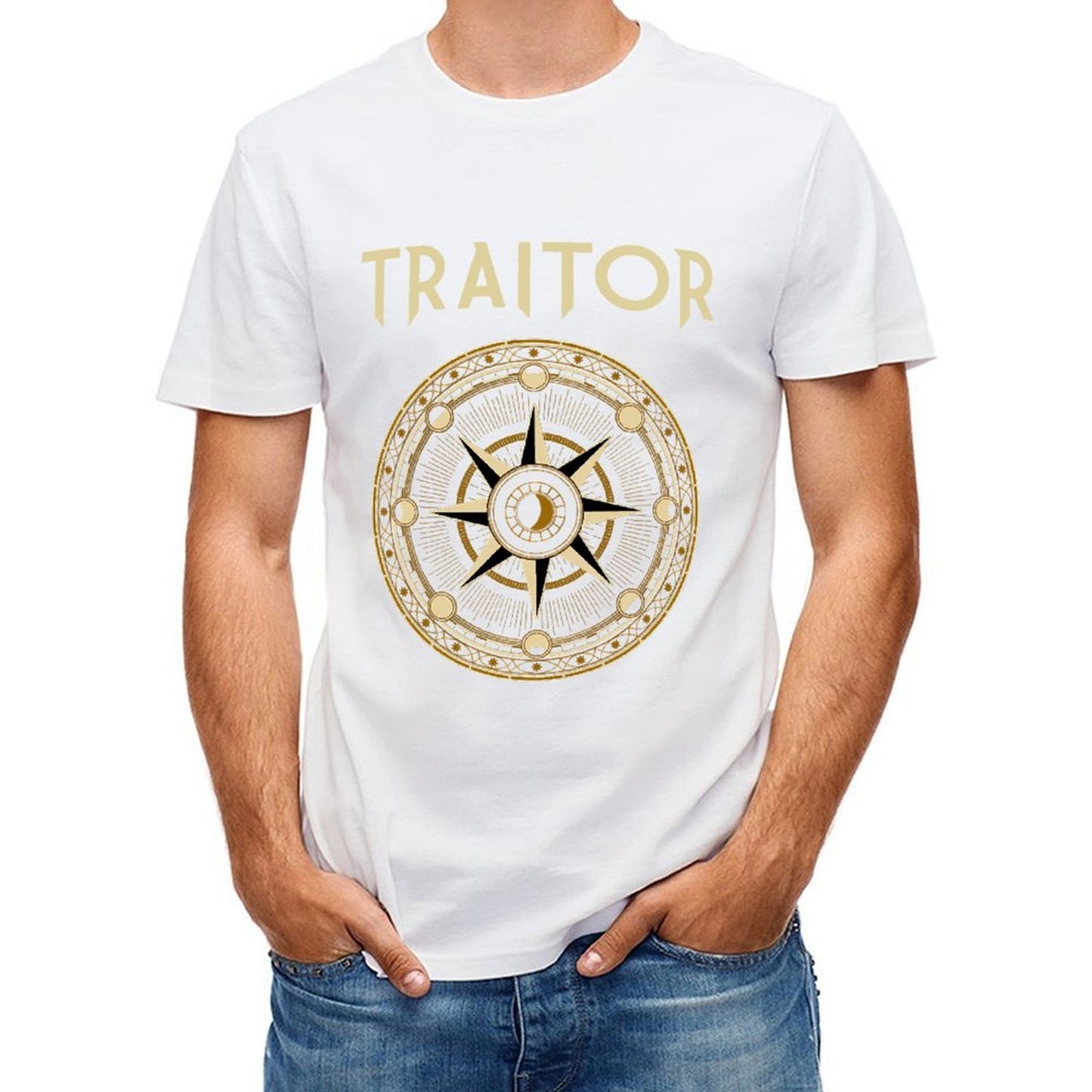 Inkmay Casual Cotton T-shirt Circular Compass Design With Gold Accents Unisex T-shirtLightweight Urban T-Shirt