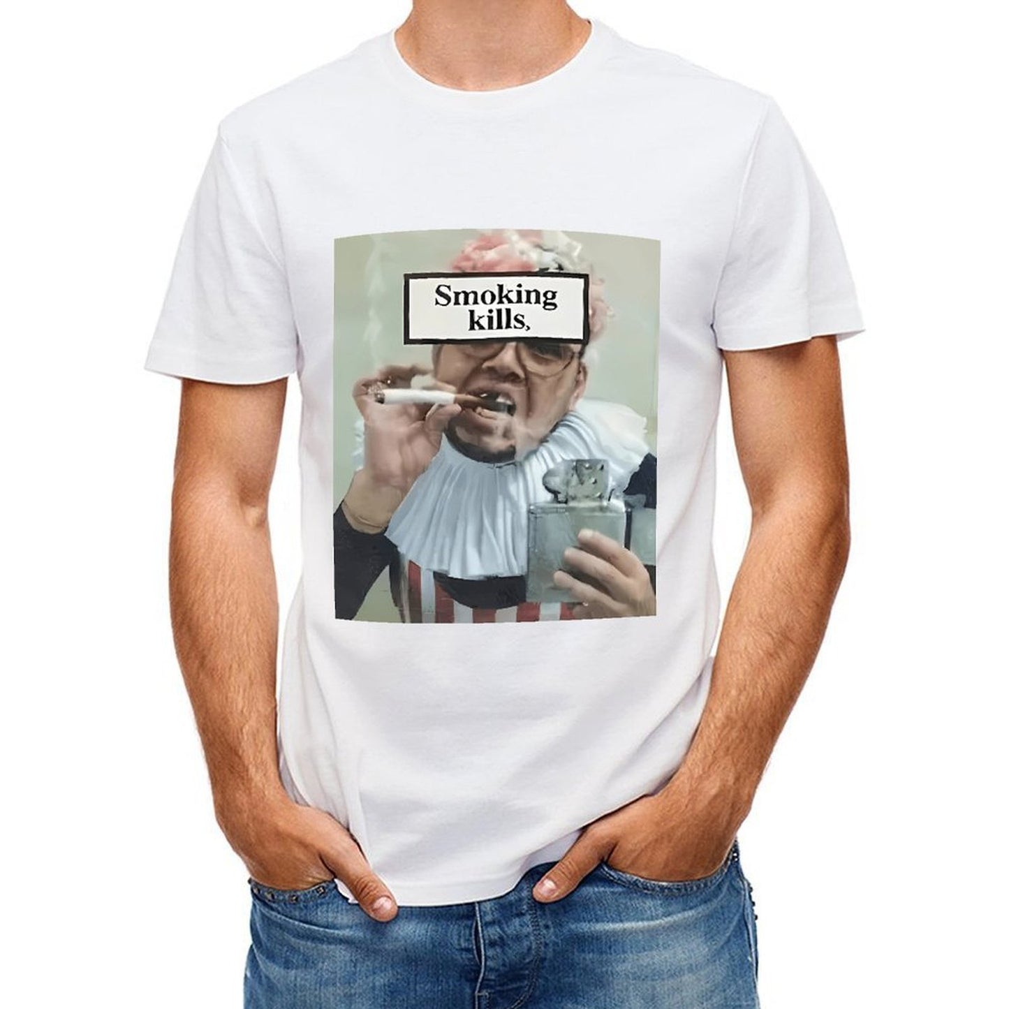 Inkmay Casual Cotton T-shirt Man Smoking Cigarette With Warning Label Unisex T-shirtNatural Tear-Resistant T-Shirt