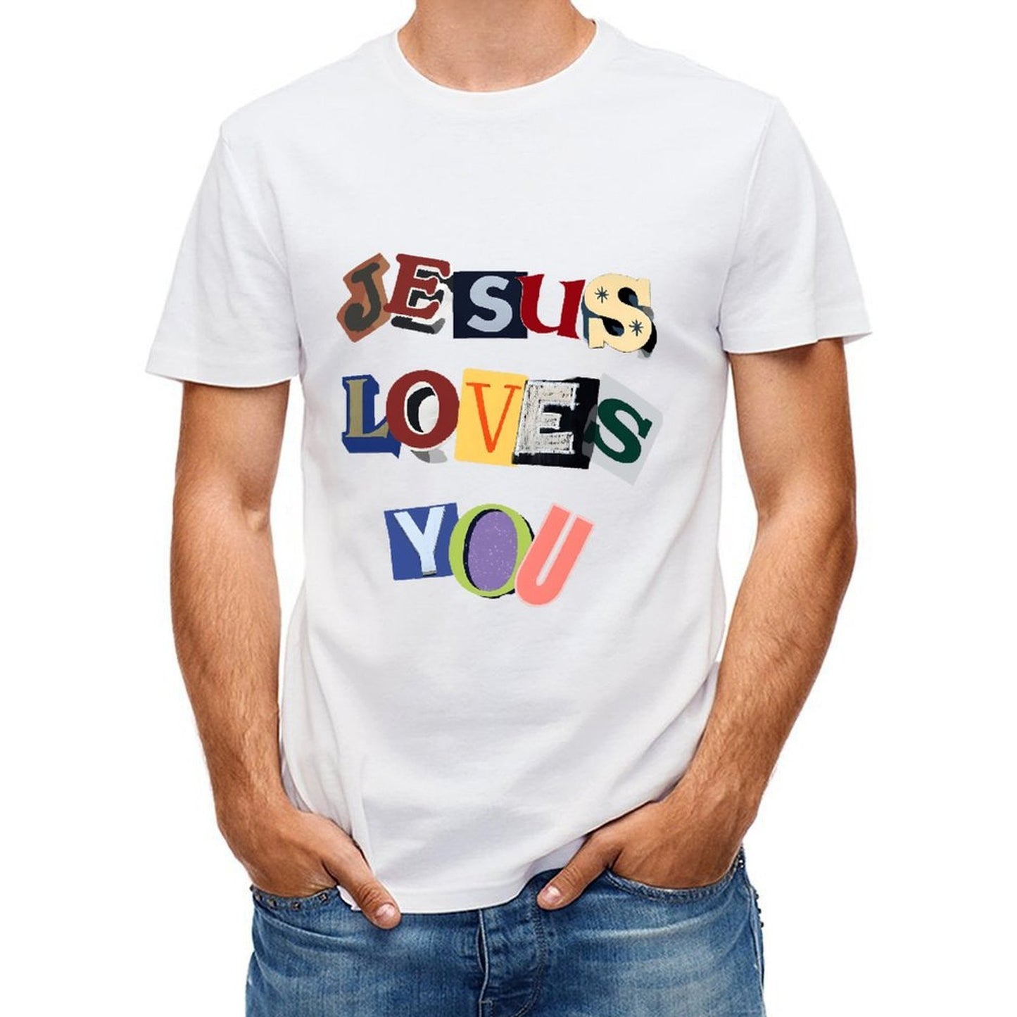 Inkmay Casual Cotton T-shirt Jesus Loves You Colorful Text Art Unisex T-shirtTrueComfort Crisp Print T-Shirt