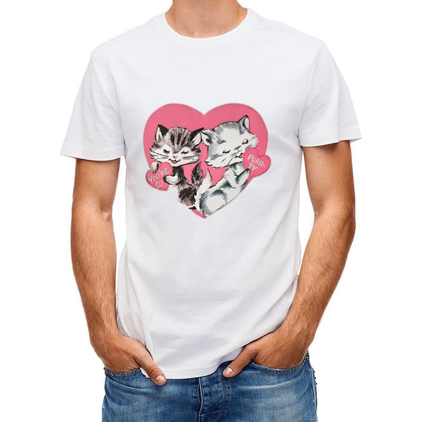 Inkmay Casual Cotton T-shirt Cute Cats Holding Hearts Pattern Prints Unisex T-shirtWeekend Lifestyle T-Shirt