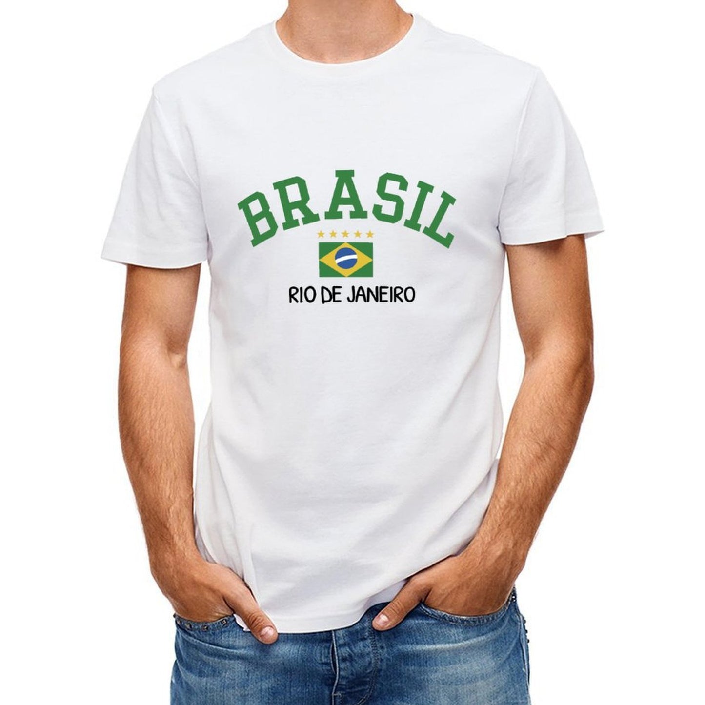Inkmay Casual Cotton T-shirt Brazilian Flag On Green Background Shirt Unisex T-shirtRegularFit Series T-Shirt