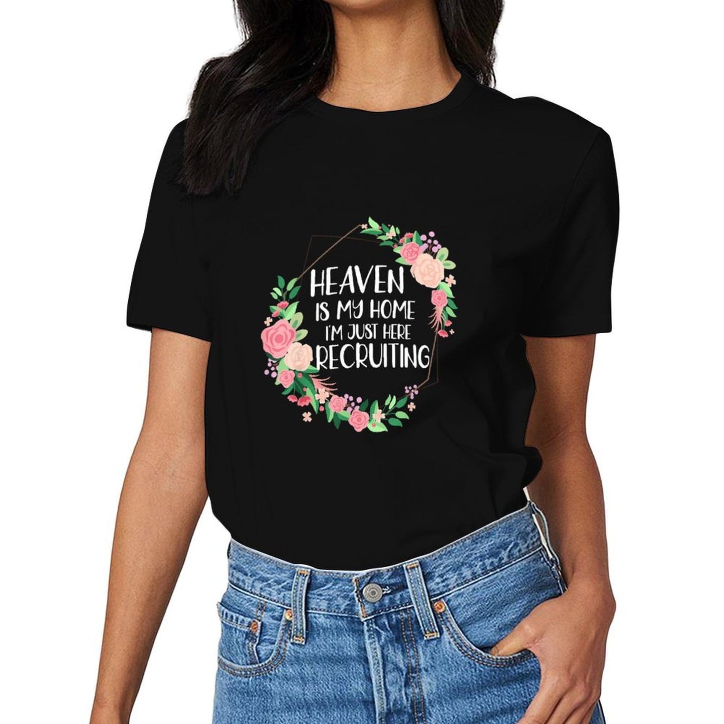 Inkmay Casual Cotton T-shirt Floral Frame With Pink Roses Unisex T-shirtEdition Softstyle T-Shirt