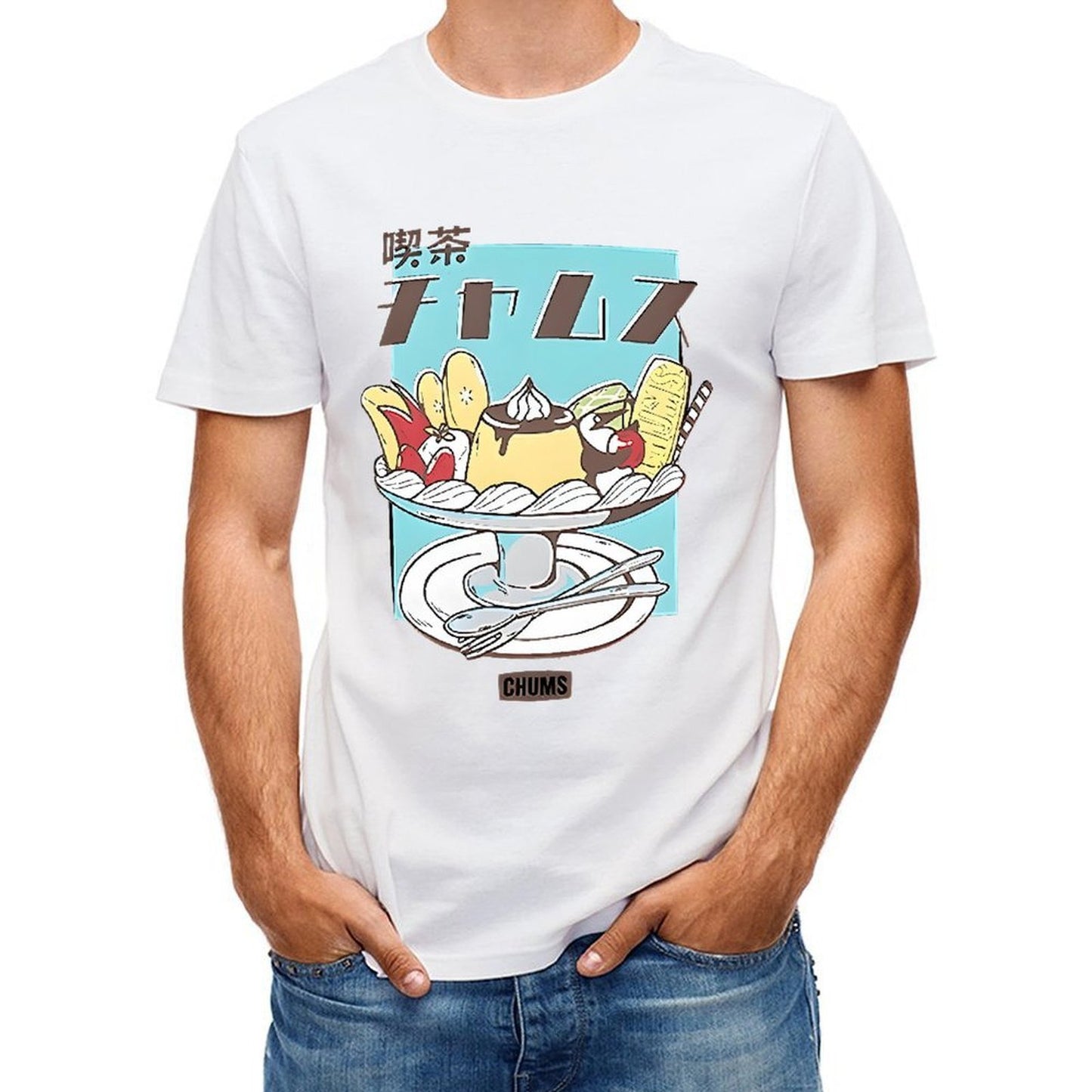Inkmay Casual Cotton T-shirt Blue Background With White Face Print Unisex T-shirtSharp Colorfast T-Shirt