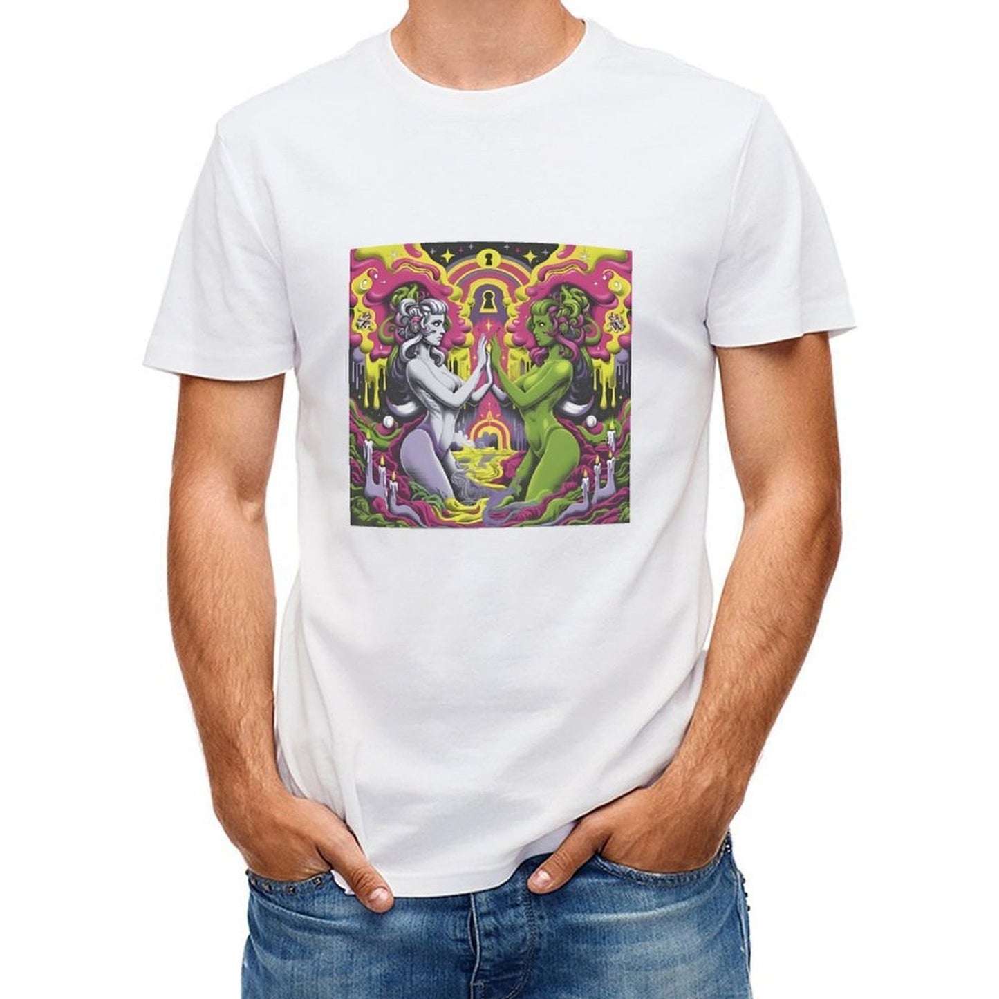 Inkmay Casual Cotton T-shirt Psychedelic Art With Two Figures Unisex T-shirtLightweight Made-to-Order T-Shirt