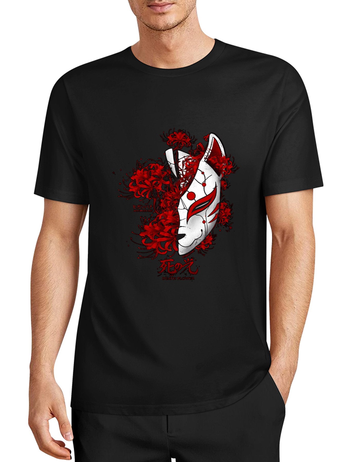 Inkmay Casual Cotton T-shirt Fox Mask With Red Flowers Art Unisex T-shirtVintage TrueStyle T-Shirt