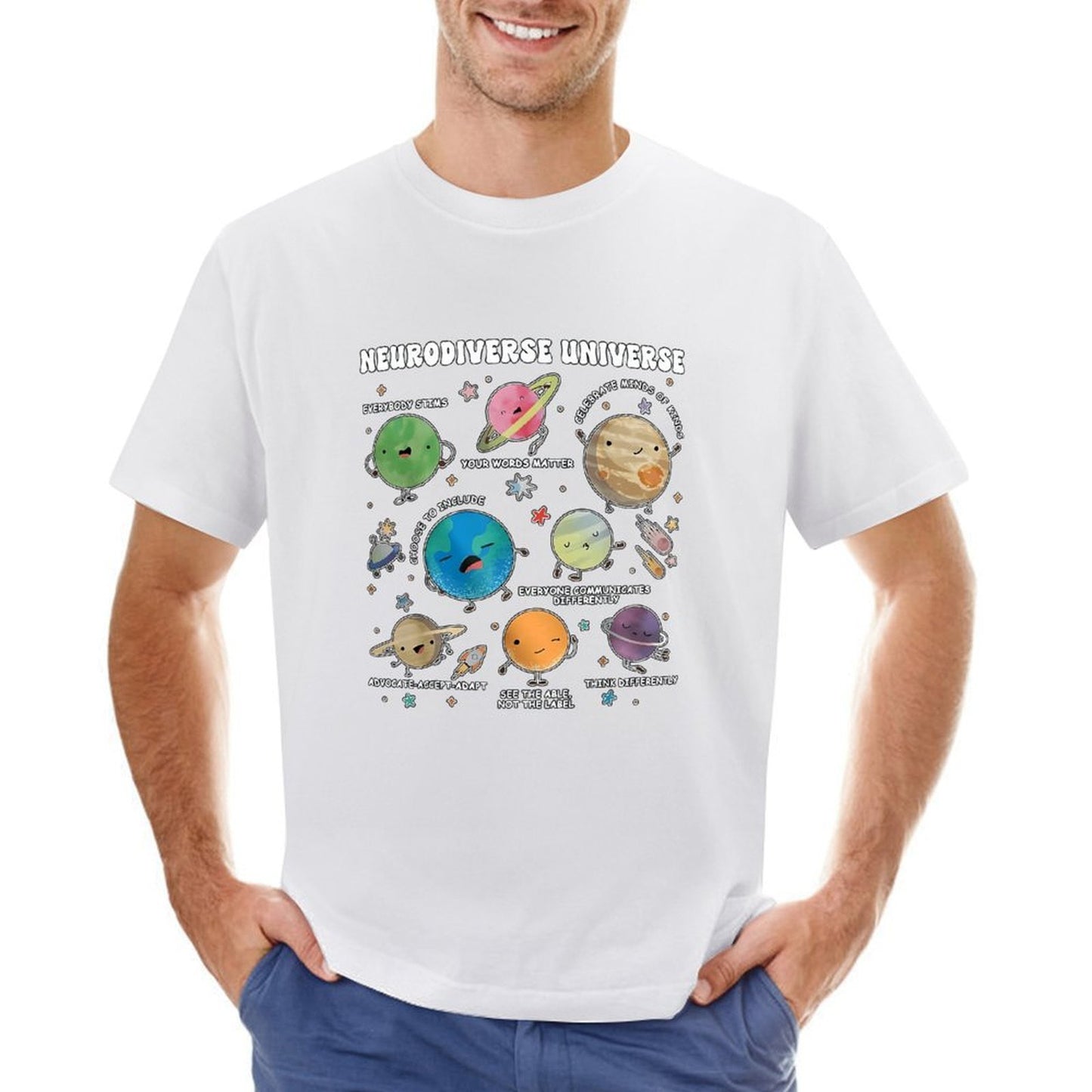 Inkmay Casual Cotton T-shirt Neurodiverse Universe Planets With Friendly Faces Unisex T-shirtMinimal ComfortLine T-Shirt