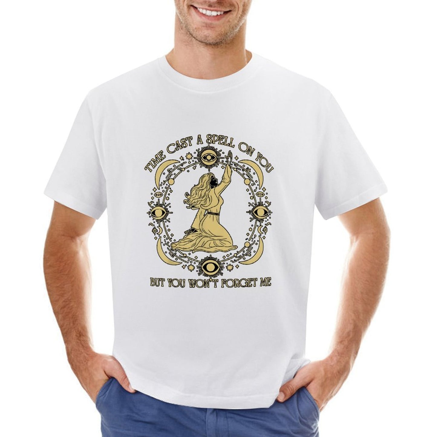 Inkmay Casual Cotton T-shirt Mystical Woman Casting Spell With Moons Unisex T-shirtCrisp Print Cotton T-Shirt