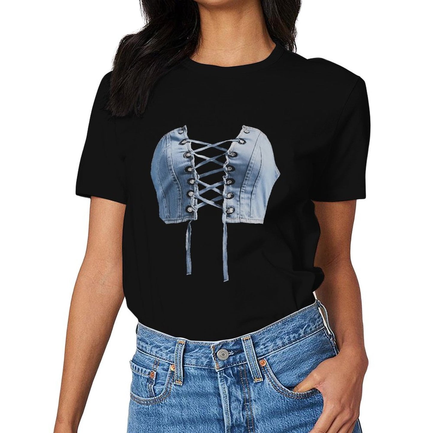 Inkmay Casual Cotton T-shirt Denim Material With Lace Up Design Unisex T-shirtShrink-Resistant Fade-Proof T-Shirt