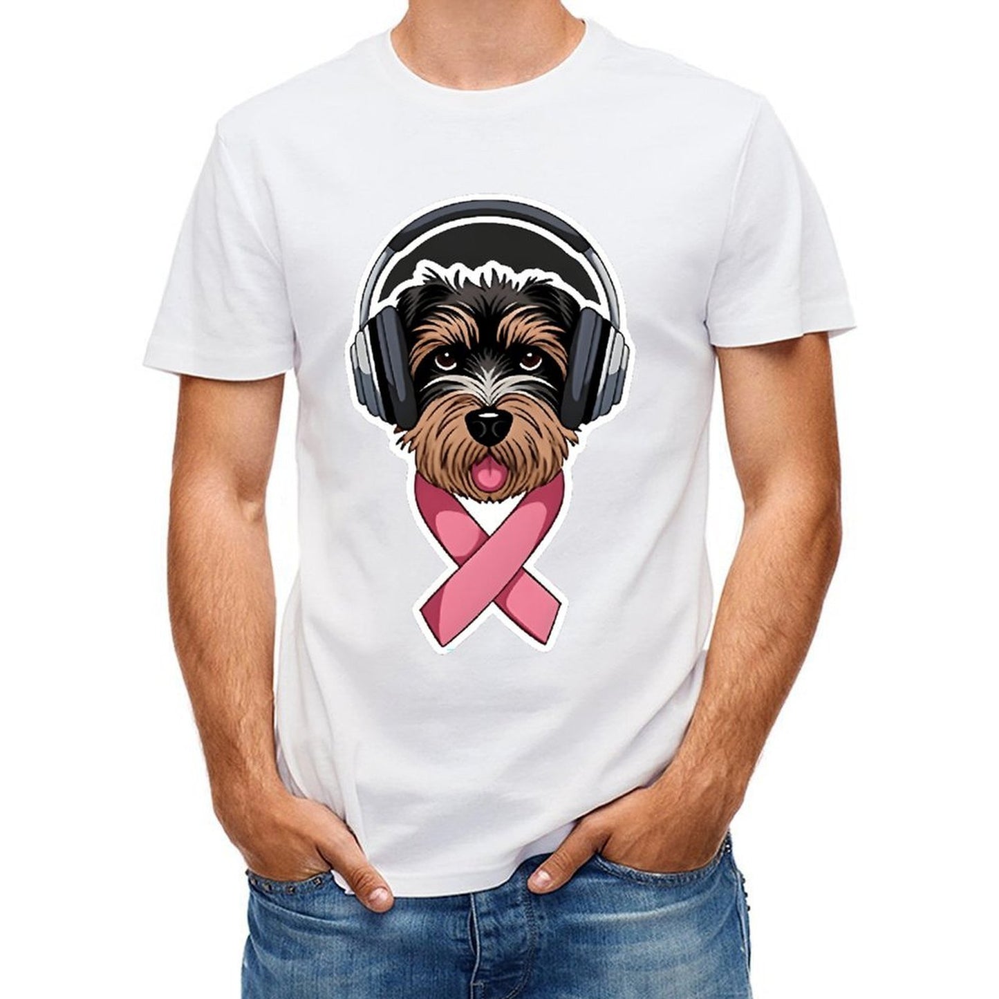 Inkmay Casual Cotton T-shirt Dog Wearing Headphones Pink Ribbon Support Unisex T-shirtClean Chill T-Shirt