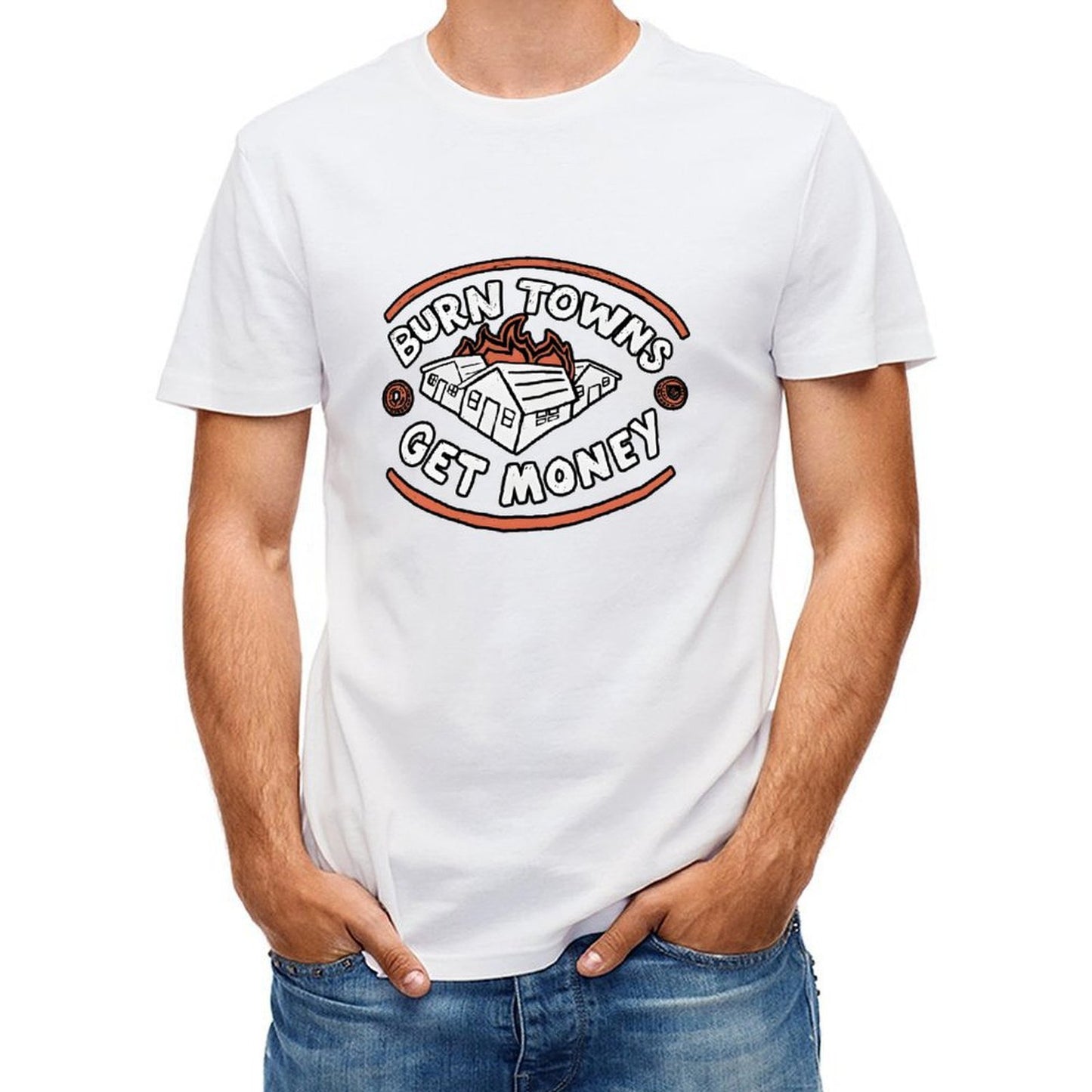 Inkmay Casual Cotton T-shirt Burn Towns Get Money Pattern Print Unisex T-shirtStreetStyle Original T-Shirt