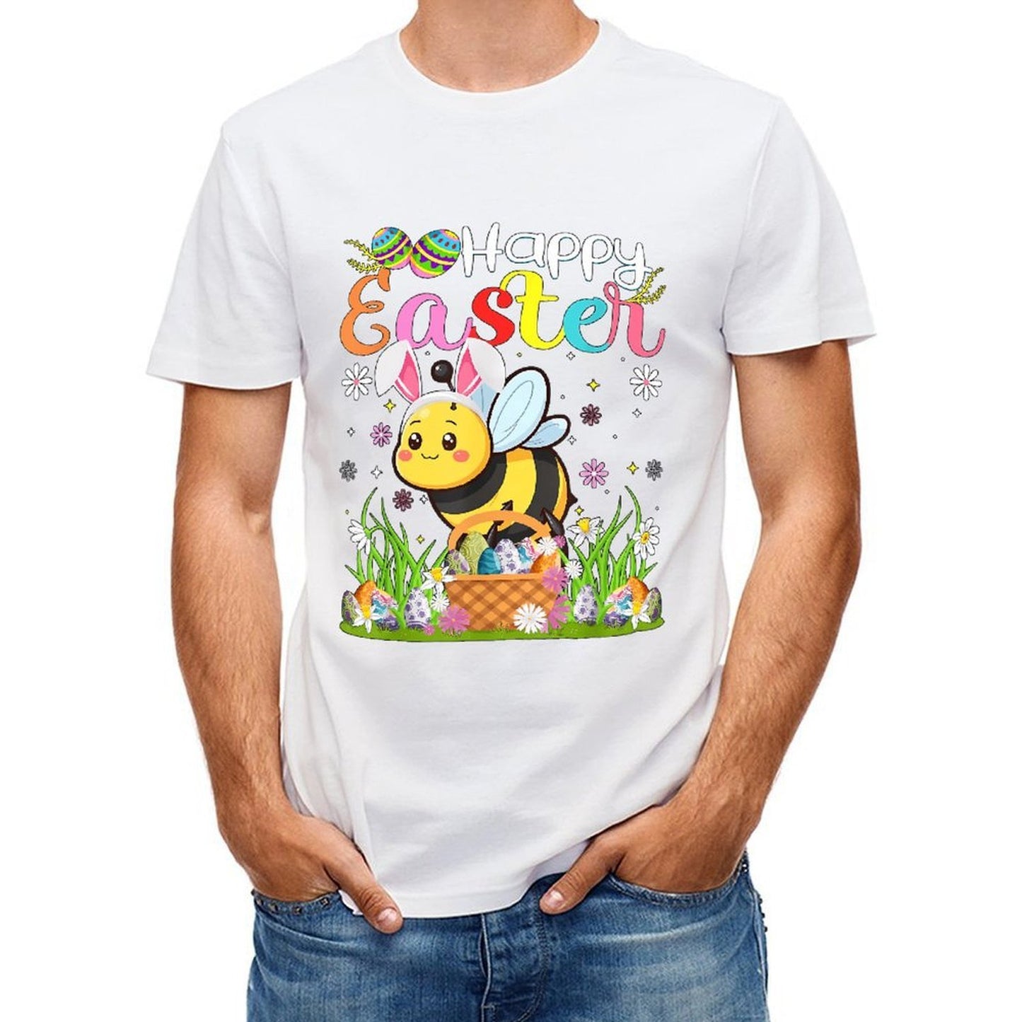 Inkmay Casual Cotton T-shirt Happy Easter Bee With Eggs Unisex T-shirtPure Classic Fit T-Shirt