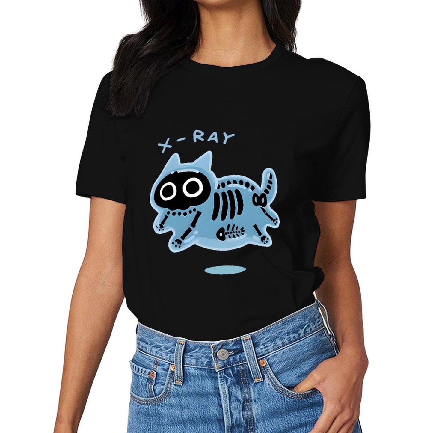 Inkmay Casual Cotton T-shirt Blue Cat Skeleton Print Design Art Unisex T-shirtSmooth Design-Your-Own T-Shirt