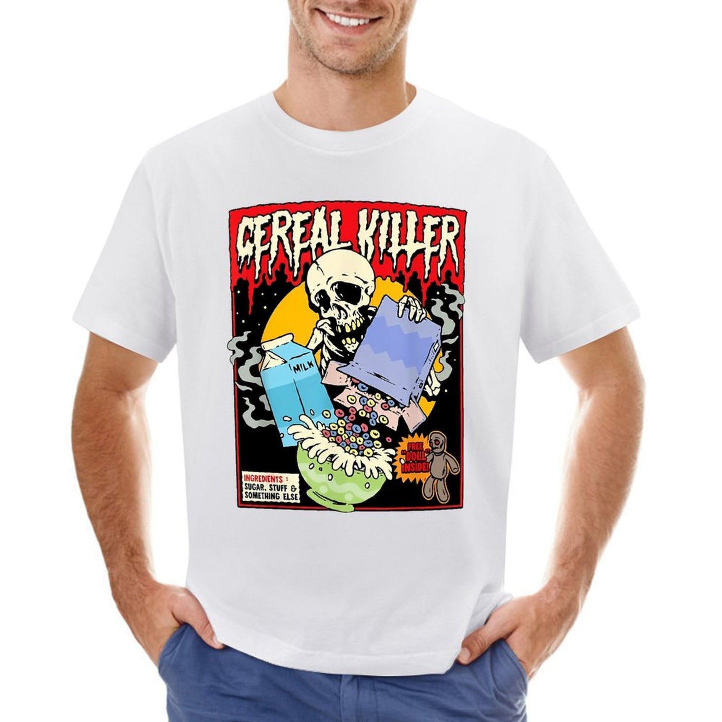 Inkmay Casual Cotton T-shirt Cereal Killer With Skull And Milk Unisex T-shirtPromotional Relaxed T-Shirt