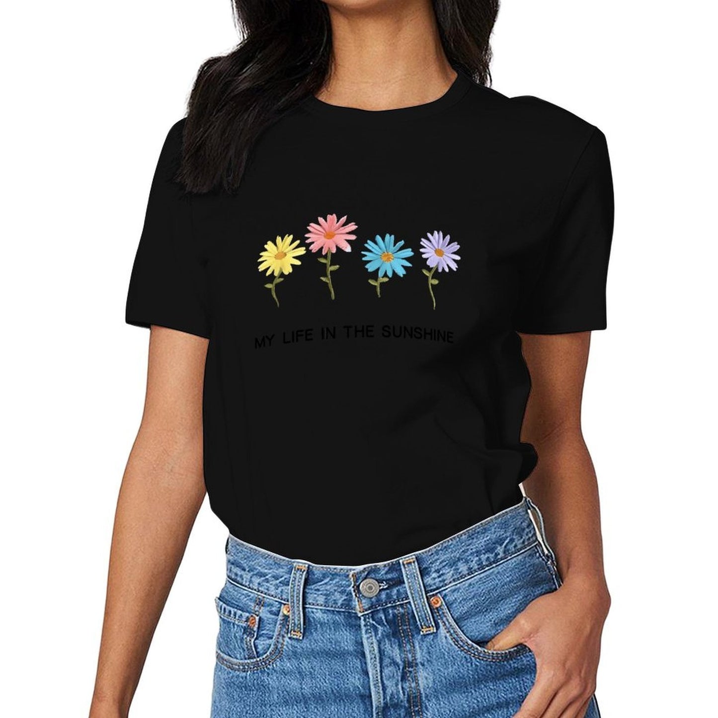 Inkmay Casual Cotton T-shirt Colorful Flowers On White Background Design Unisex T-shirtClassicSeries Tear-Resistant T-Shirt