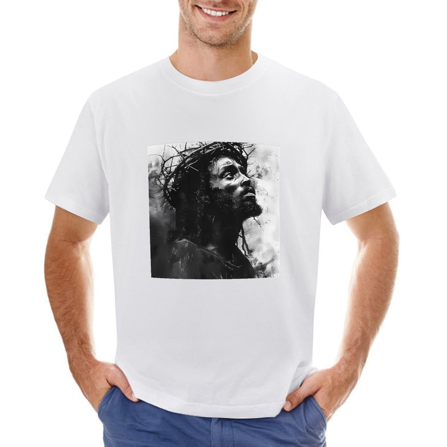 Inkmay Casual Cotton T-shirt Artistic Jesus With Crown Of Thorns Unisex T-shirtClassic Fit Crisp Print T-Shirt