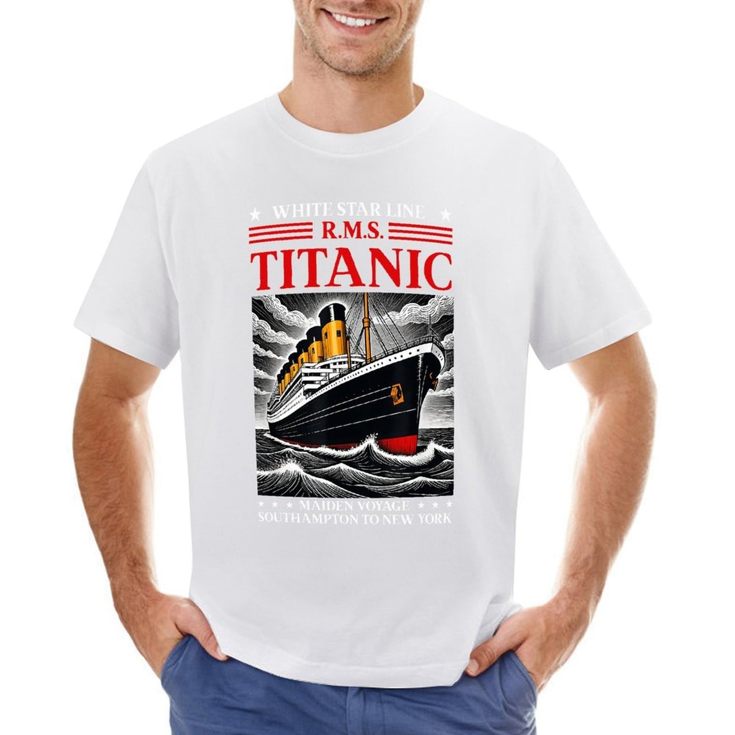 Inkmay Casual Cotton T-shirt Titanic Ocean Liner Art Print Unisex T-shirtRetro SimpleFit T-Shirt