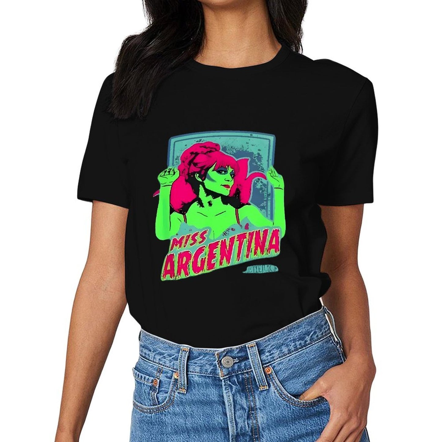 Inkmay Casual Cotton T-shirt Miss Argentina Bright Green Pink Art Unisex T-shirtEssentialFit Printing T-Shirt