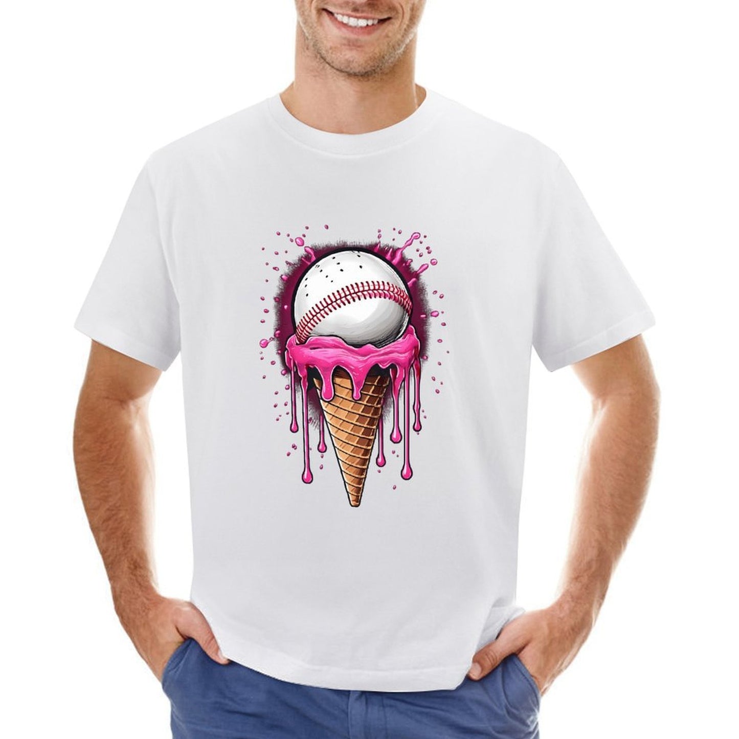Inkmay Casual Cotton T-shirt Baseball On Ice Cream Cone Art Unisex T-shirtLogo-Ready Vibrant Colors T-Shirt