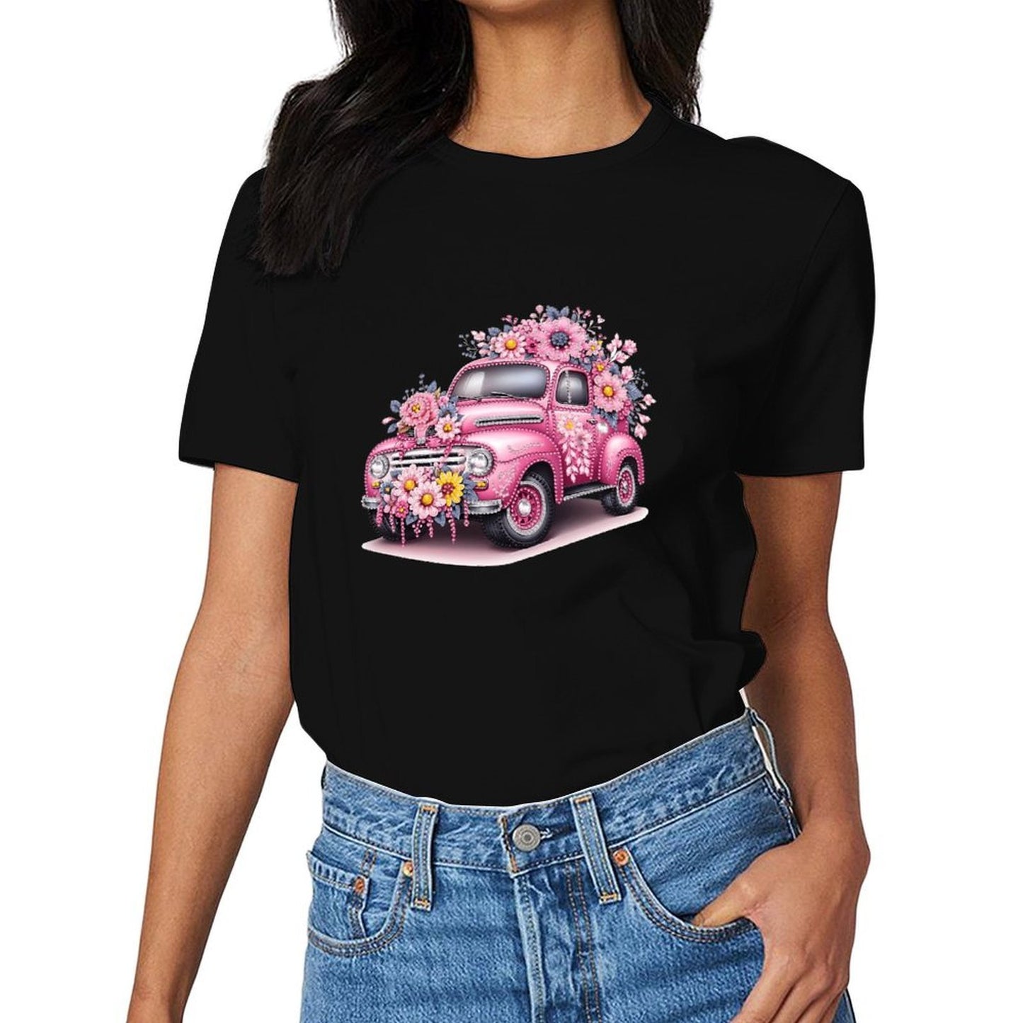 Inkmay Casual Cotton T-shirt Floral Decorated Pink Car Artwork Unisex T-shirtComfort Crisp Print T-Shirt