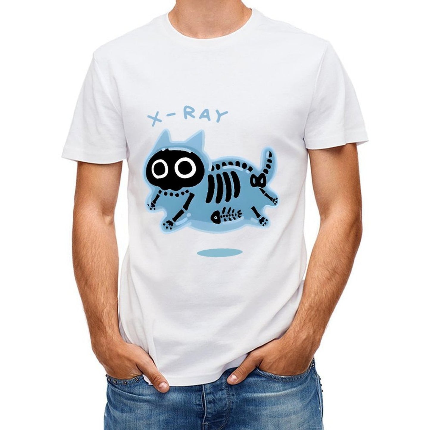 Inkmay Casual Cotton T-shirt Blue Cat Skeleton Print Design Art Unisex T-shirtSmooth Design-Your-Own T-Shirt