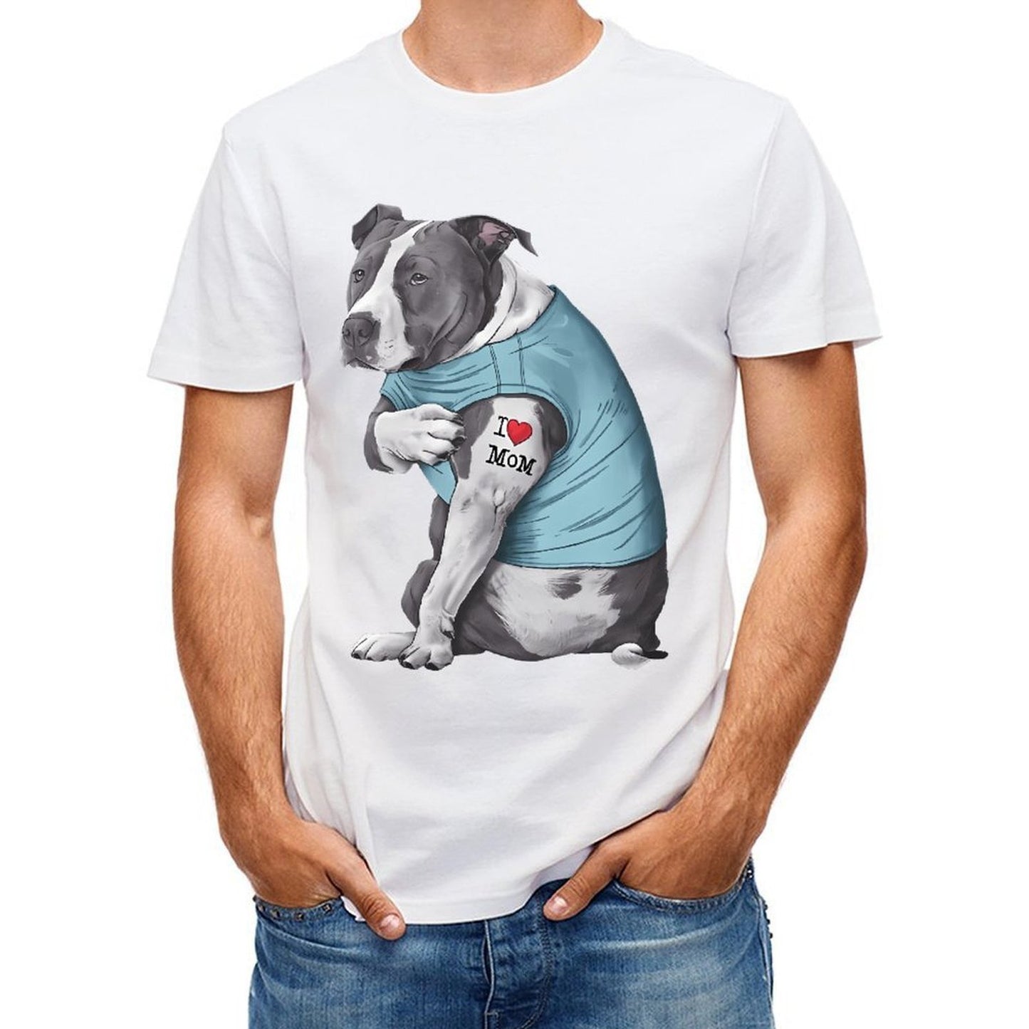 Inkmay Casual Cotton T-shirt Dog Wears Blue Shirt Tattoo Mom Unisex T-shirtEveryday ClassicStyle T-Shirt