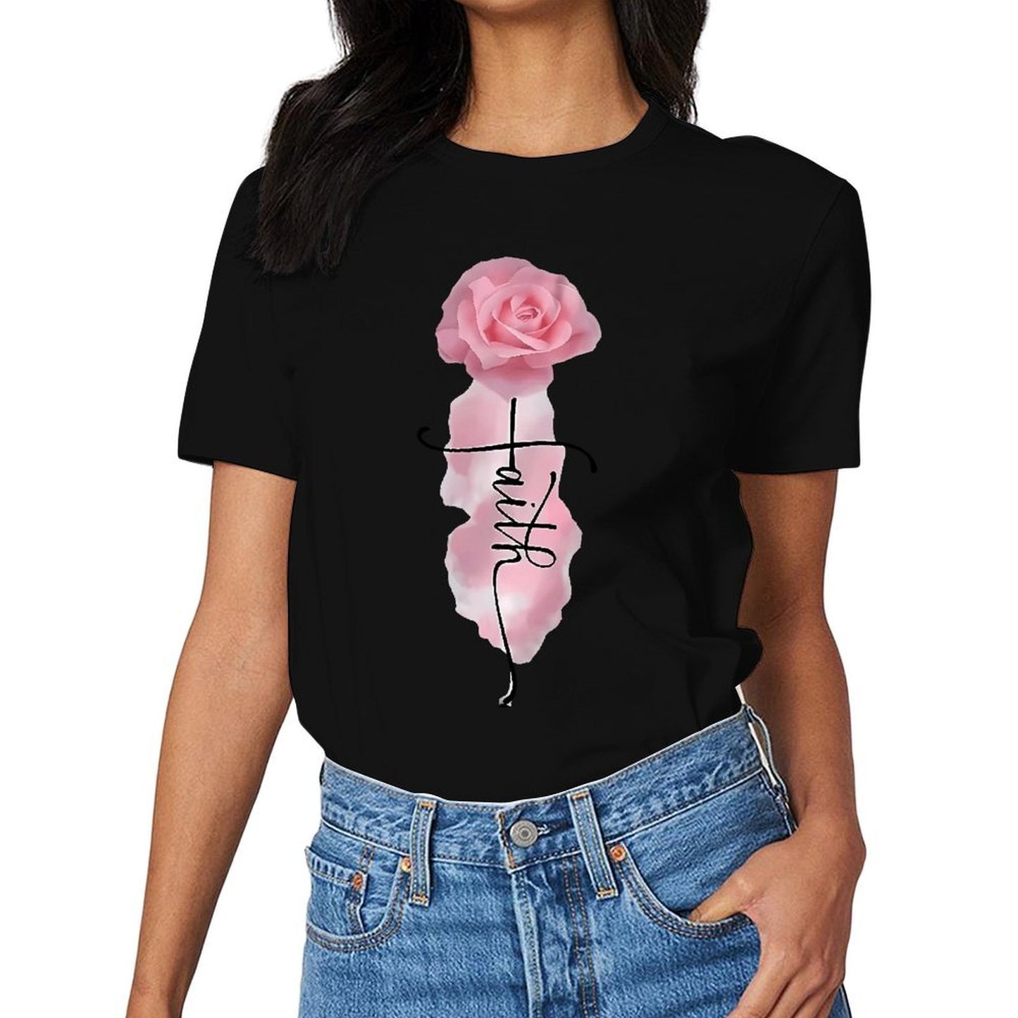 Inkmay Casual Cotton T-shirt Faith Rose Pattern Print Art Design Unisex T-shirtBasic Neat T-Shirt