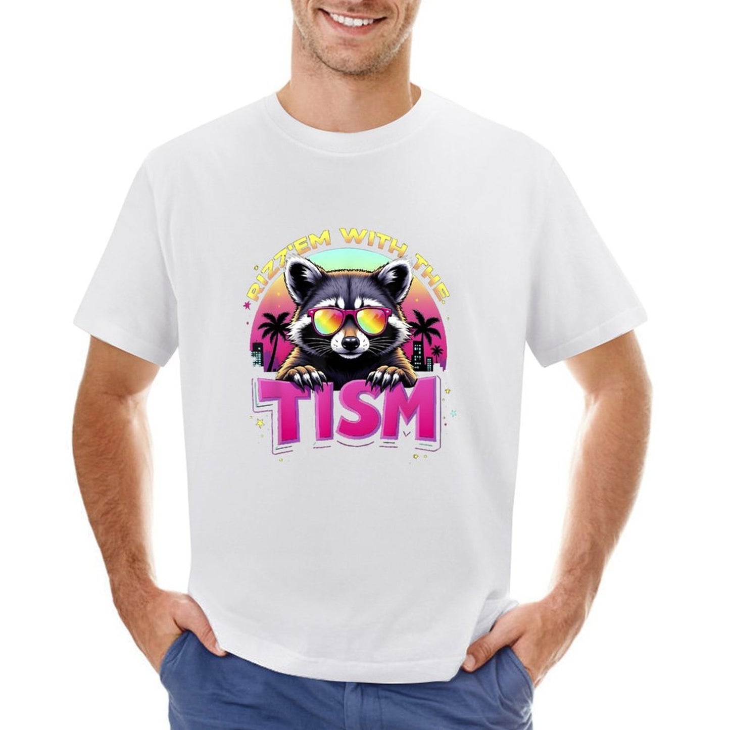 Inkmay Casual Cotton T-shirt Cool Raccoon With Sunglasses And Palm Unisex T-shirtHigh-Quality BasicSeries T-Shirt