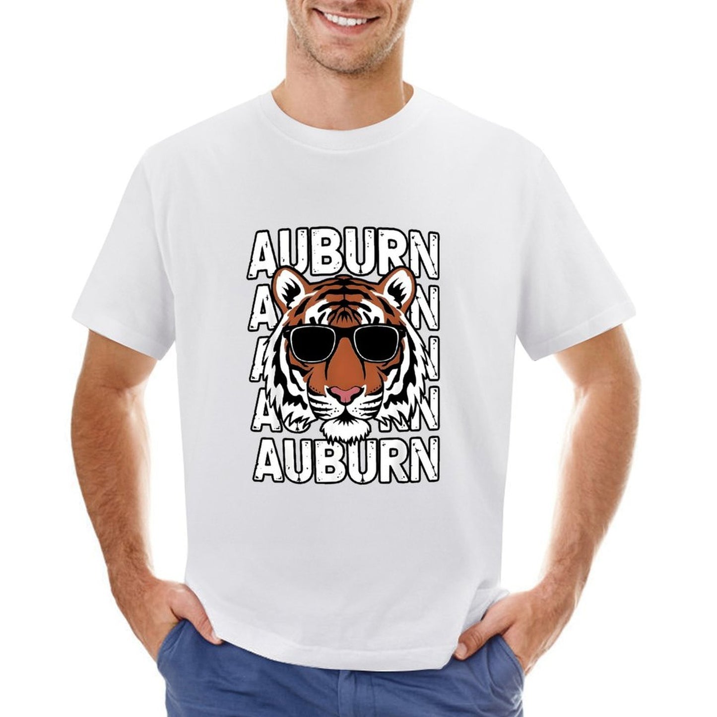 Inkmay Casual Cotton T-shirt Auburn Tiger With Sunglasses Pattern Print Unisex T-shirtSeamless ClassicSeries T-Shirt