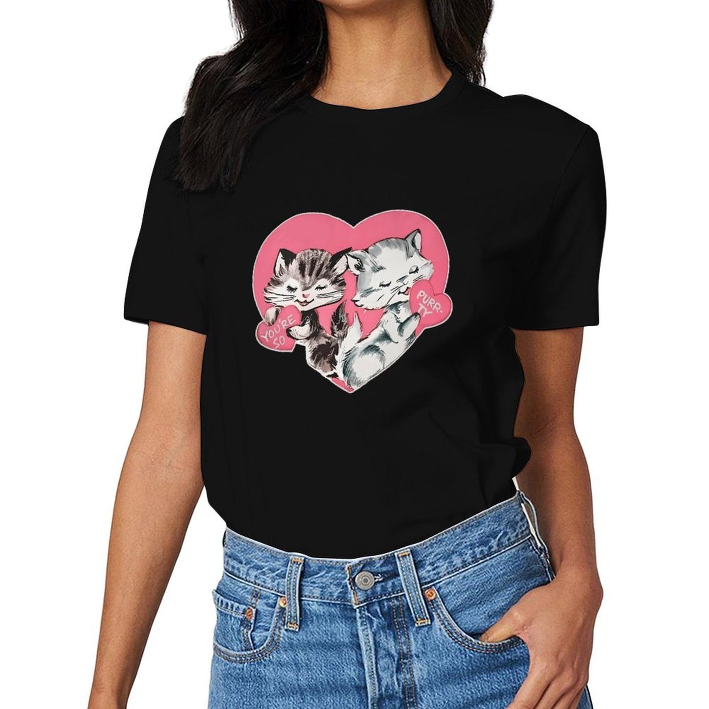 Inkmay Casual Cotton T-shirt Cute Cats Holding Hearts Pattern Prints Unisex T-shirtWeekend Lifestyle T-Shirt