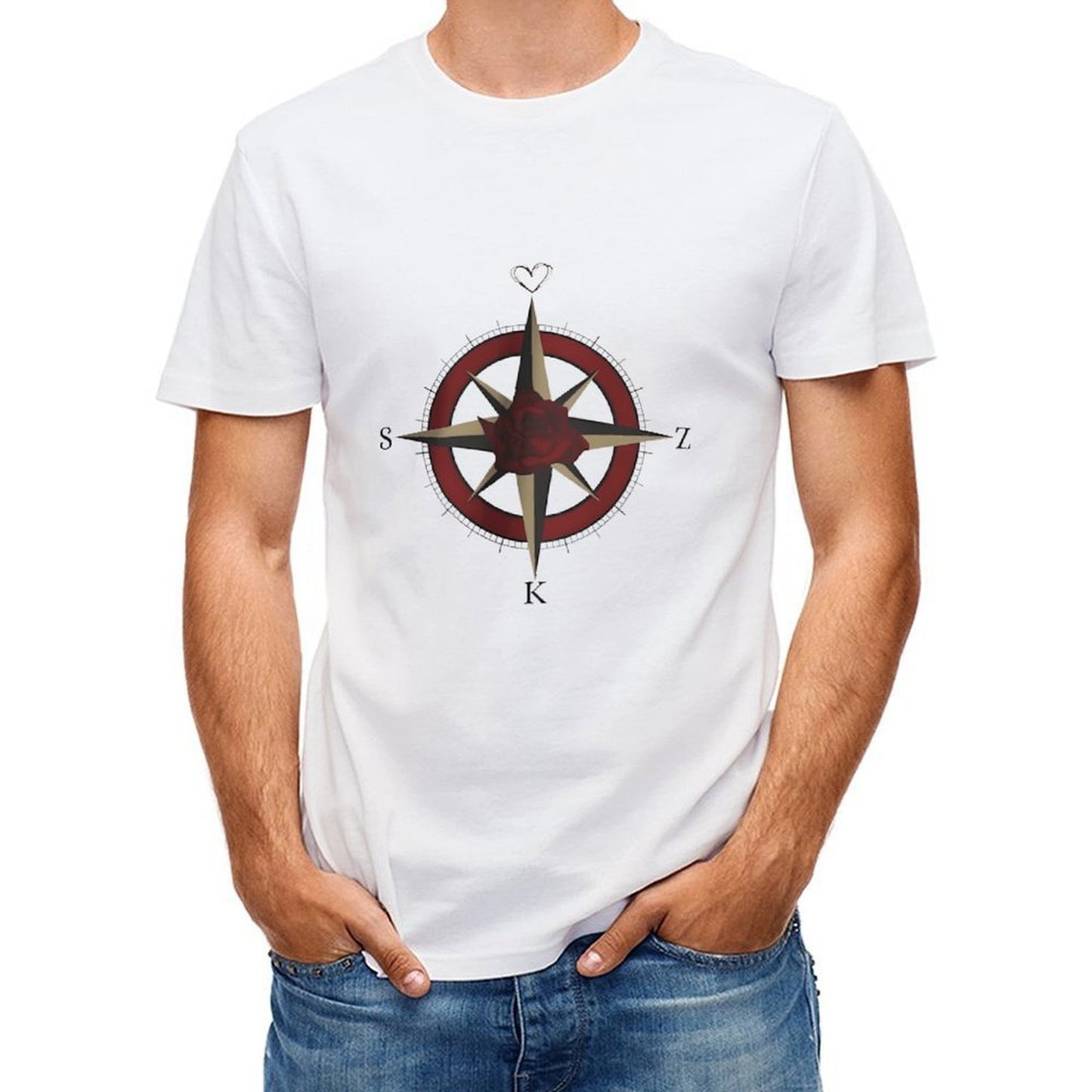 Inkmay Casual Cotton T-shirt Rose Compass Design With Heart Elements Unisex T-shirtFitted Natural T-Shirt