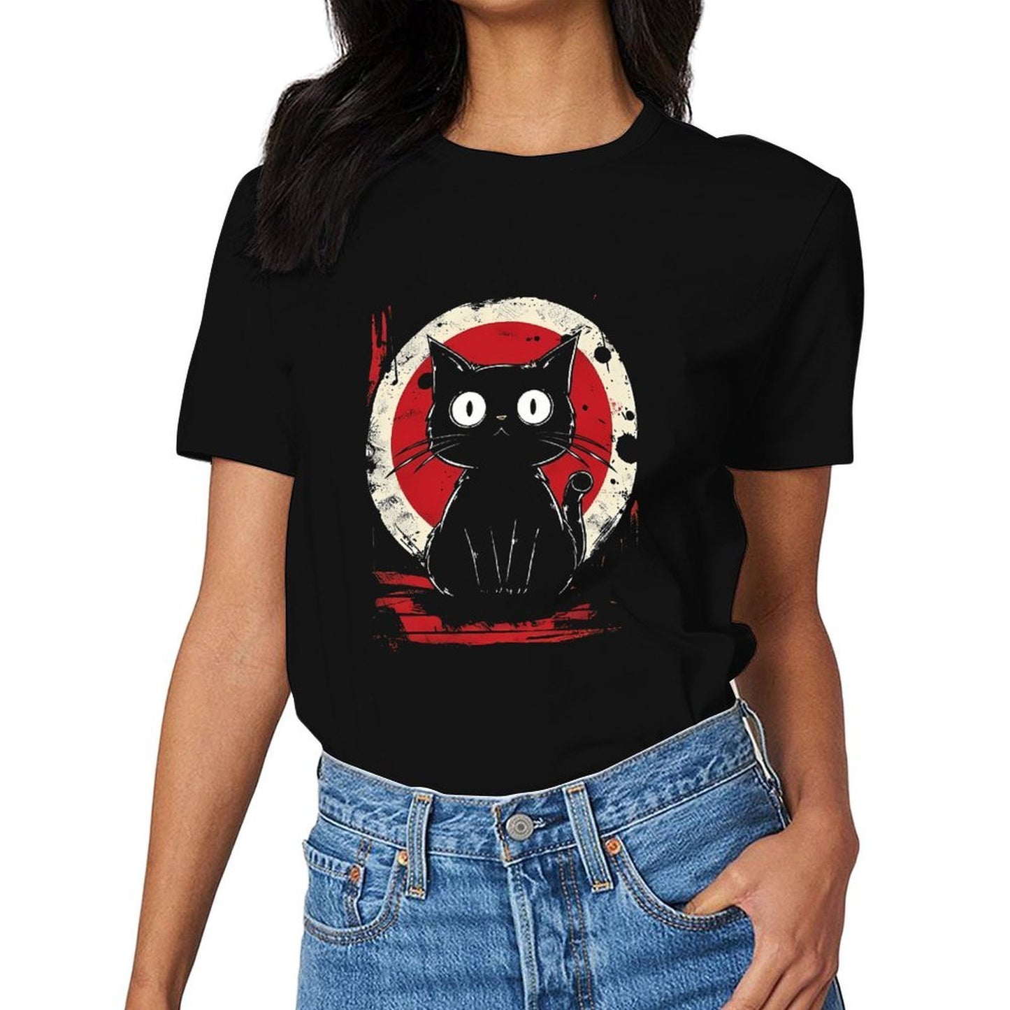 Inkmay Casual Cotton T-shirt Cat With Red And White Background Unisex T-shirtLogo-Ready TrueFit T-Shirt