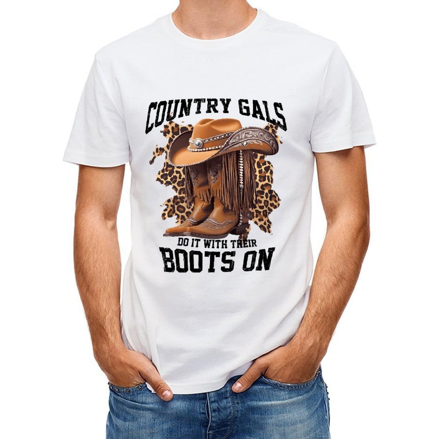 Inkmay Casual Cotton T-shirt Country Gals Leopard Print Boots On Unisex T-shirtStrong Edition T-Shirt