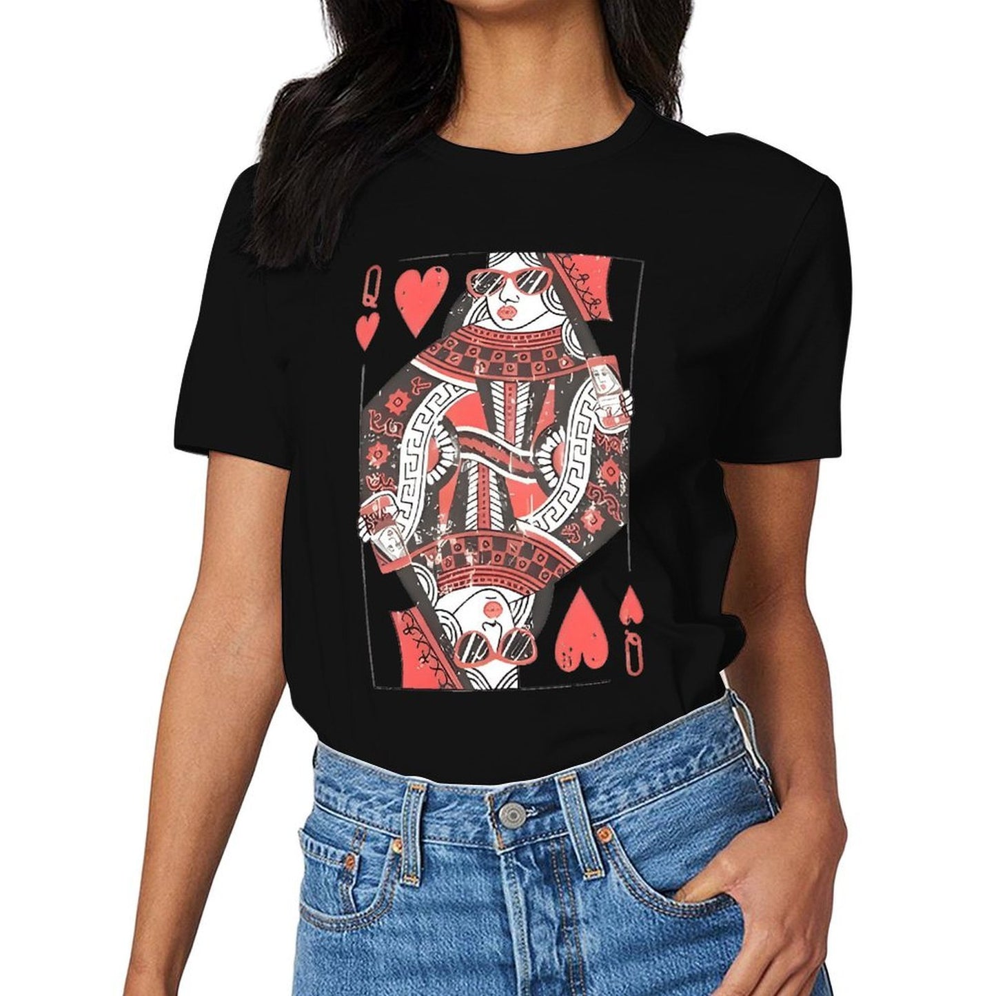 Inkmay Casual Cotton T-shirt Queen Of Hearts Playing Card Design Unisex T-shirtTear-Resistant EasyWear T-Shirt