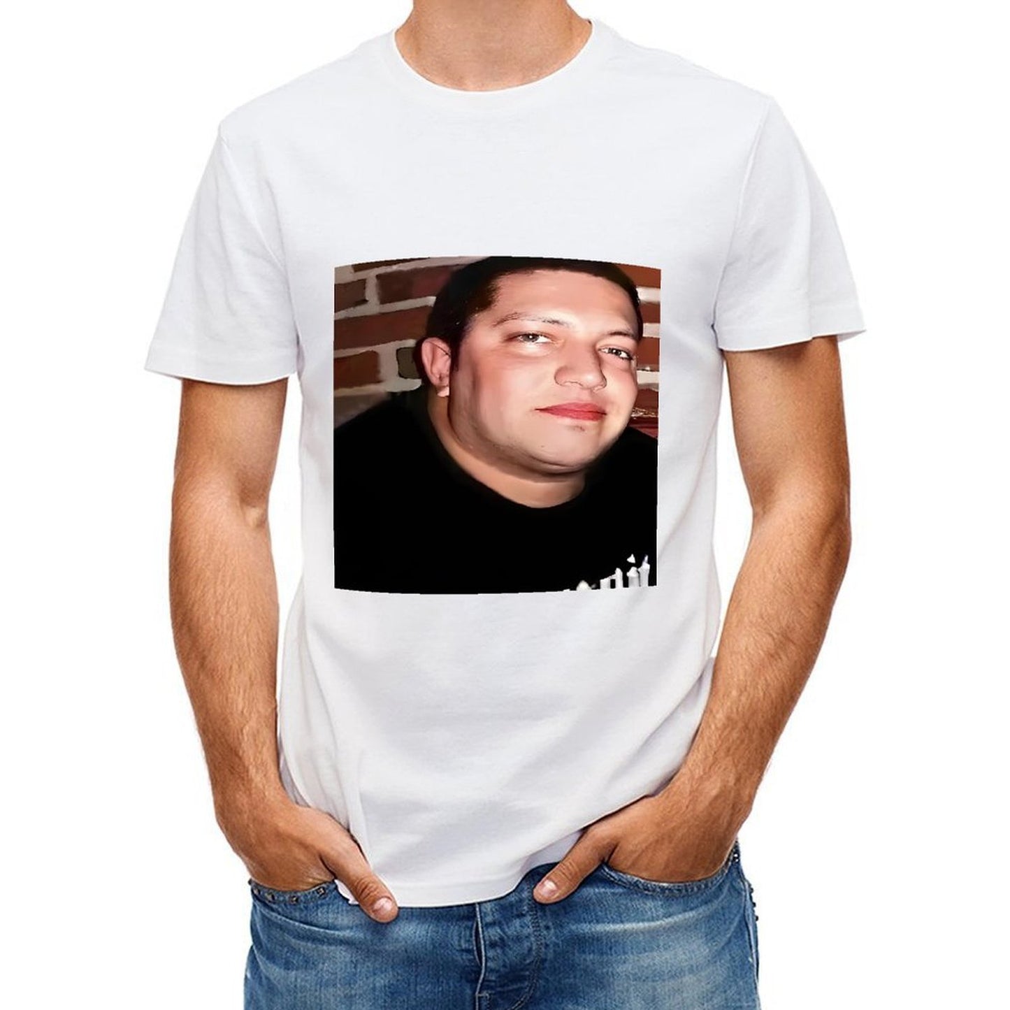Inkmay Casual Cotton T-shirt Man Wears Black Shirt Against Brick Unisex T-shirtTrueFit Clean Edges T-Shirt