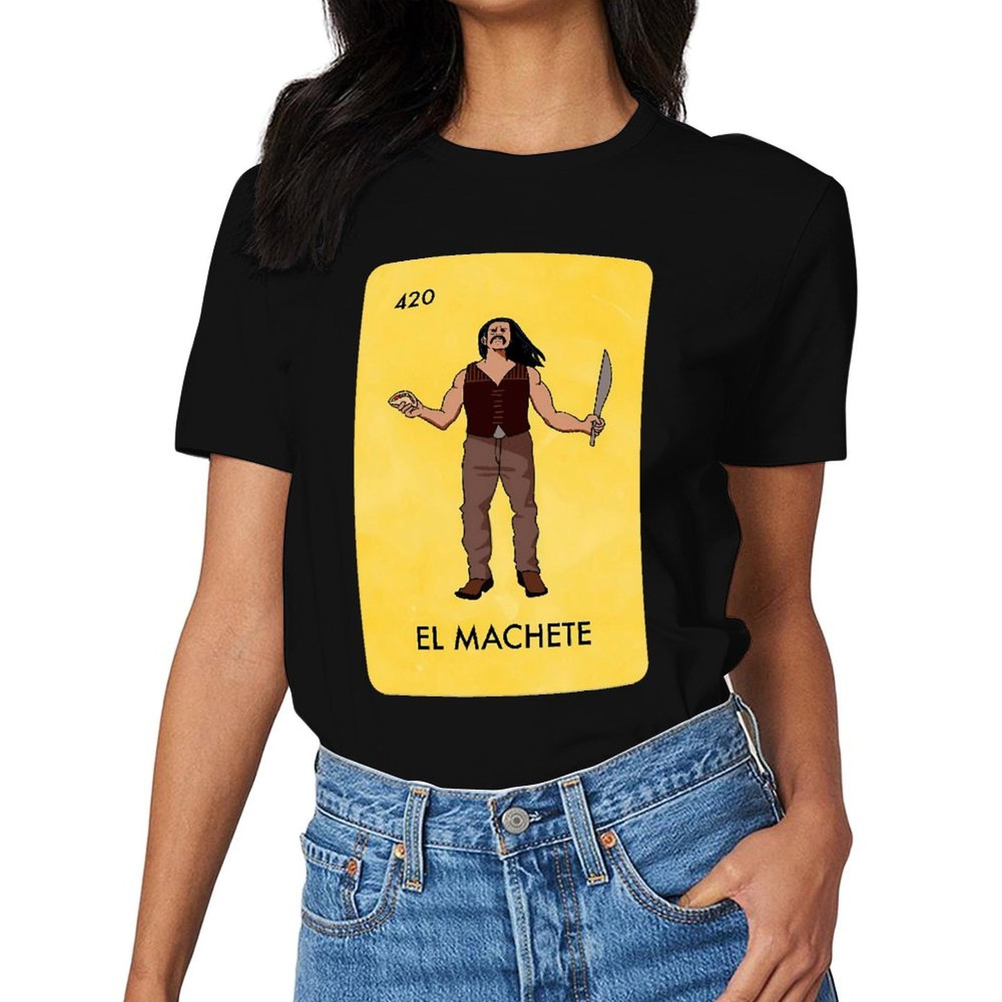 Inkmay Casual Cotton T-shirt Man Holding Machete In Yellow Background Unisex T-shirtUltra Durable Strong T-Shirt