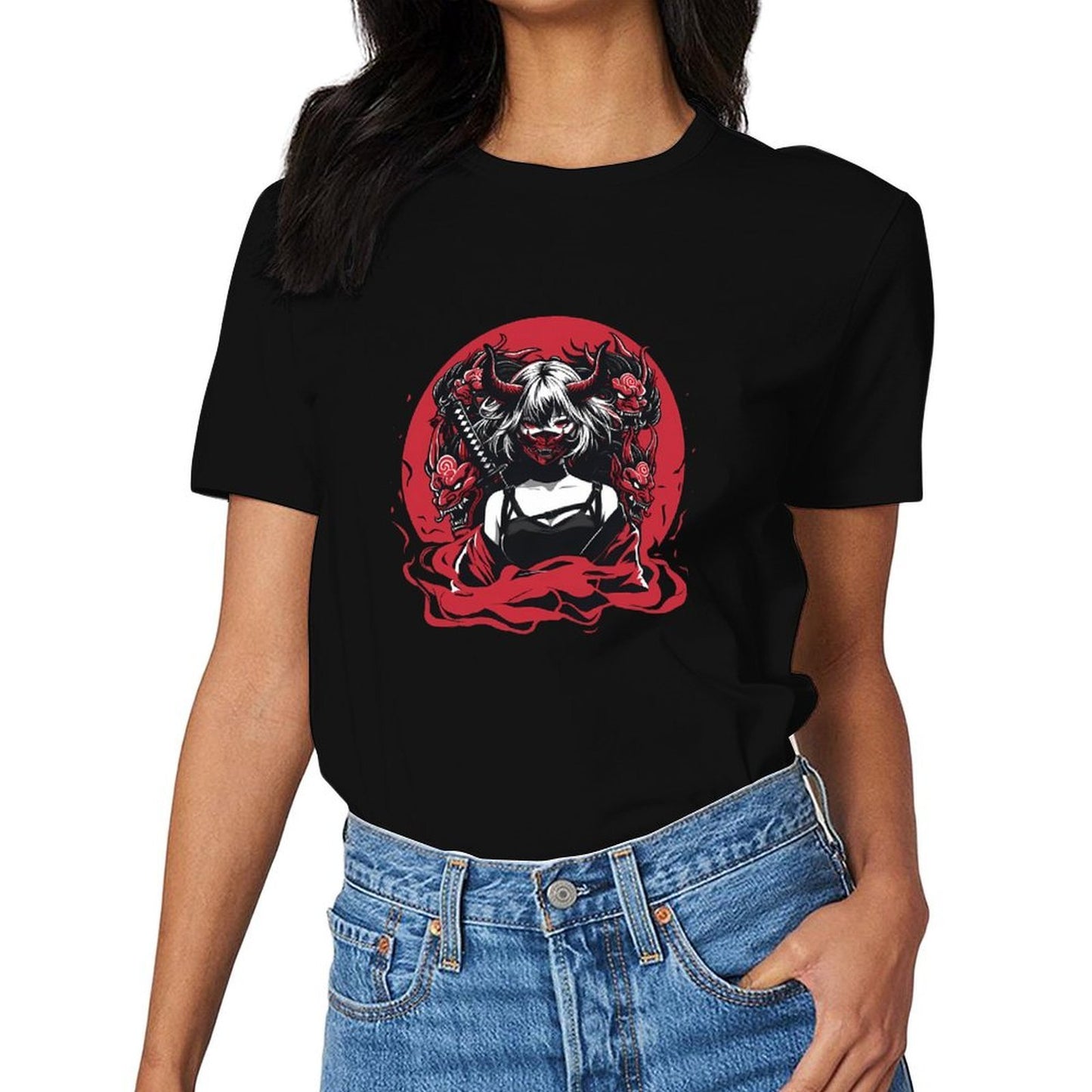 Inkmay Casual Cotton T-shirt Demon Woman With Red Dragons Unisex T-shirtSmooth Classic T-Shirt