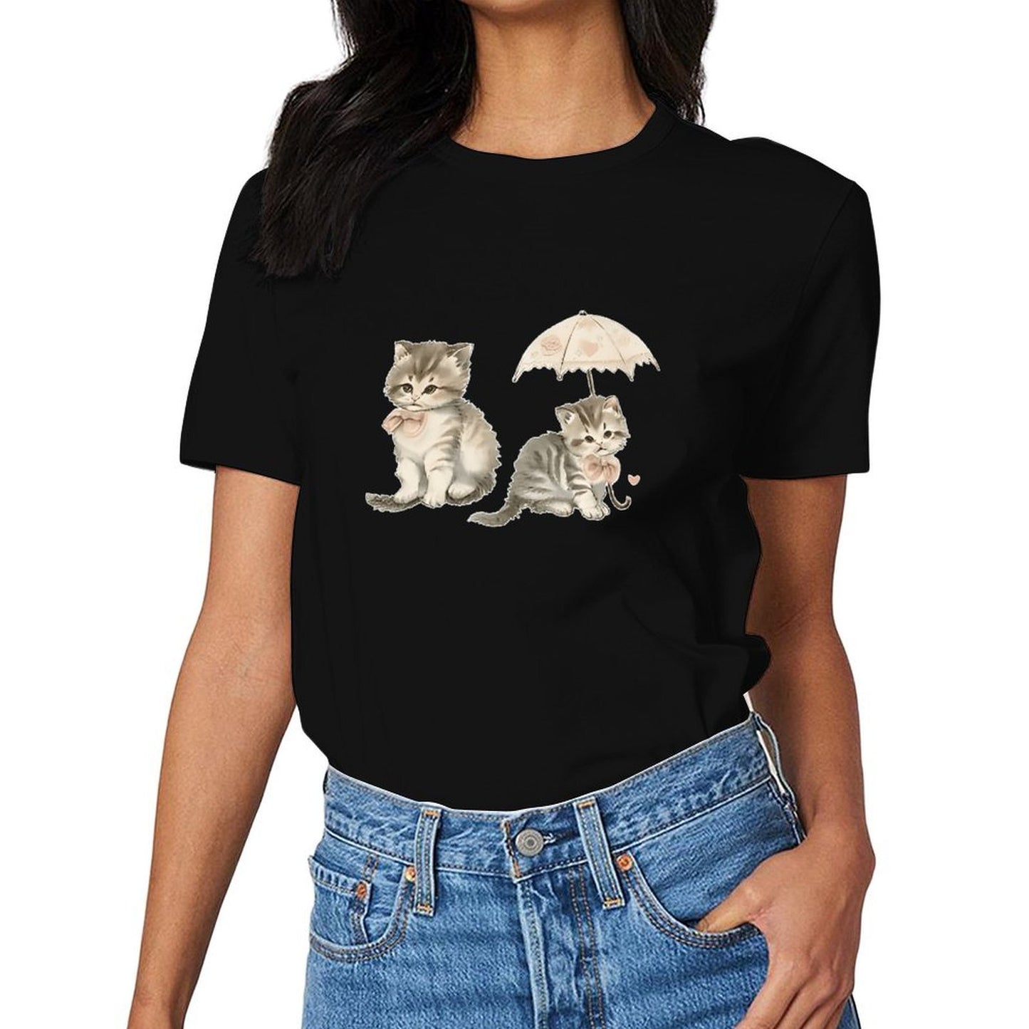 Inkmay Casual Cotton T-shirt Cute Kittens With Umbrella And Bow Unisex T-shirtSoftstyle Clean Edges T-Shirt