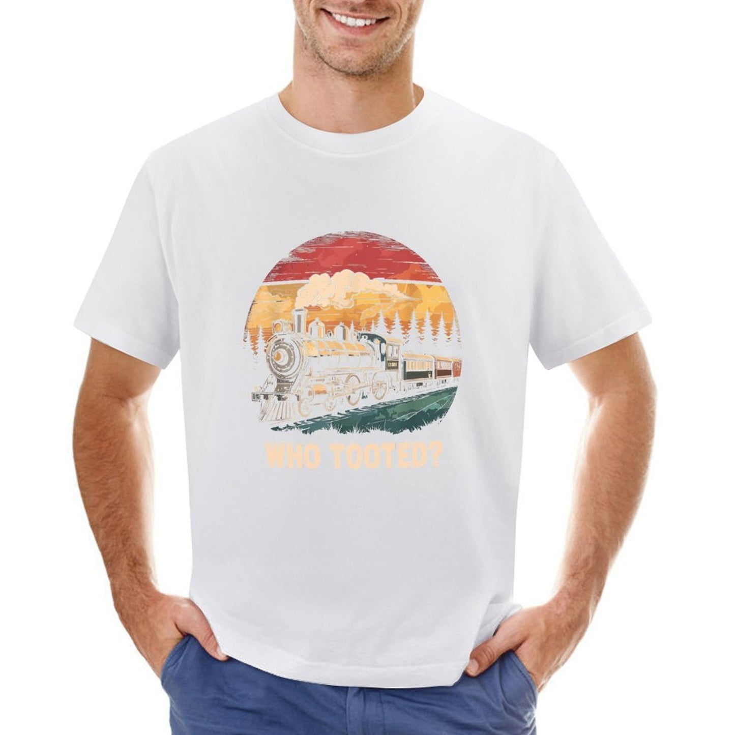 Inkmay Casual Cotton T-shirt Vintage Train Sunset Landscape Artwork Design Unisex T-shirtBatch-Printed Cotton T-Shirt