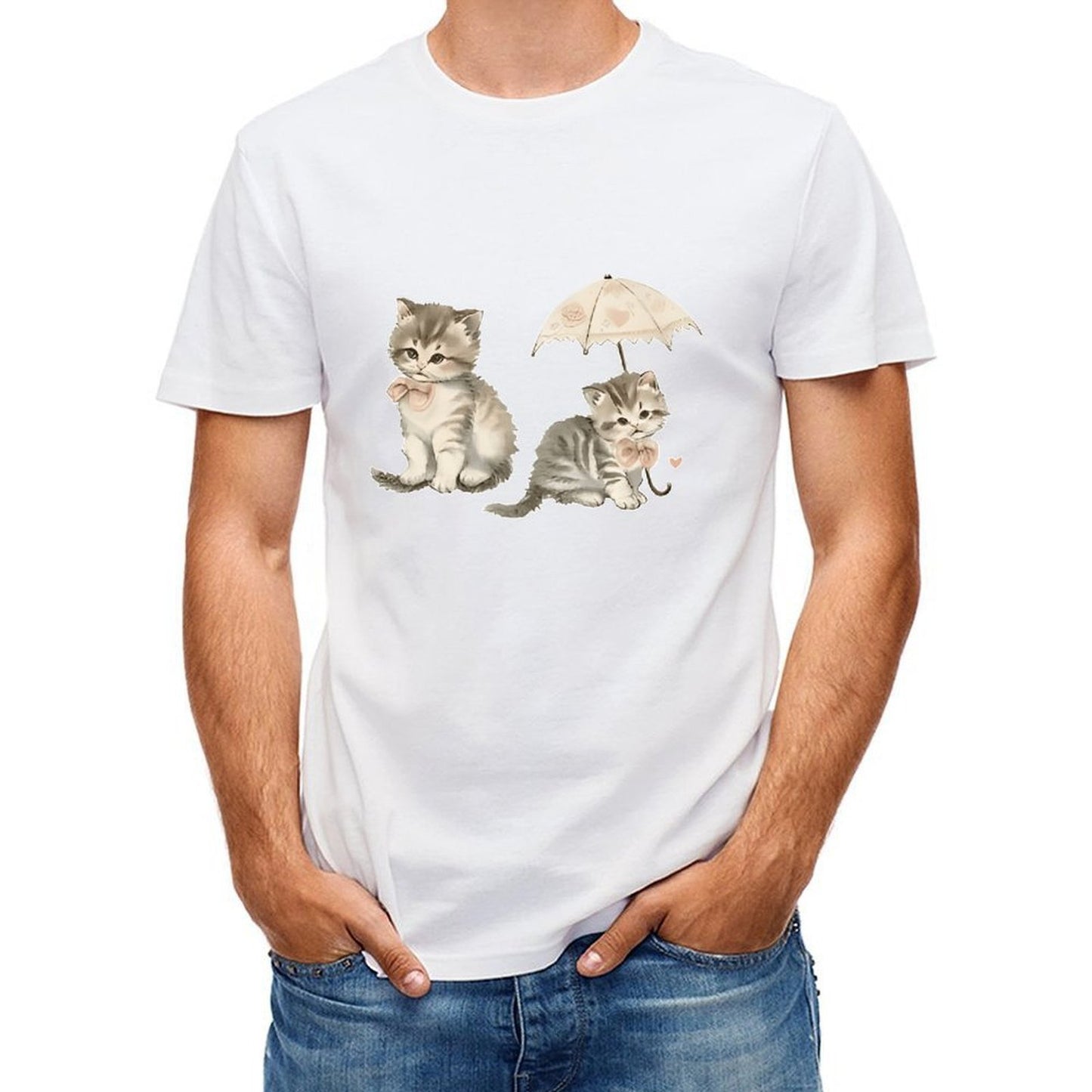 Inkmay Casual Cotton T-shirt Cute Kittens With Umbrella And Bow Unisex T-shirtSoftstyle Clean Edges T-Shirt