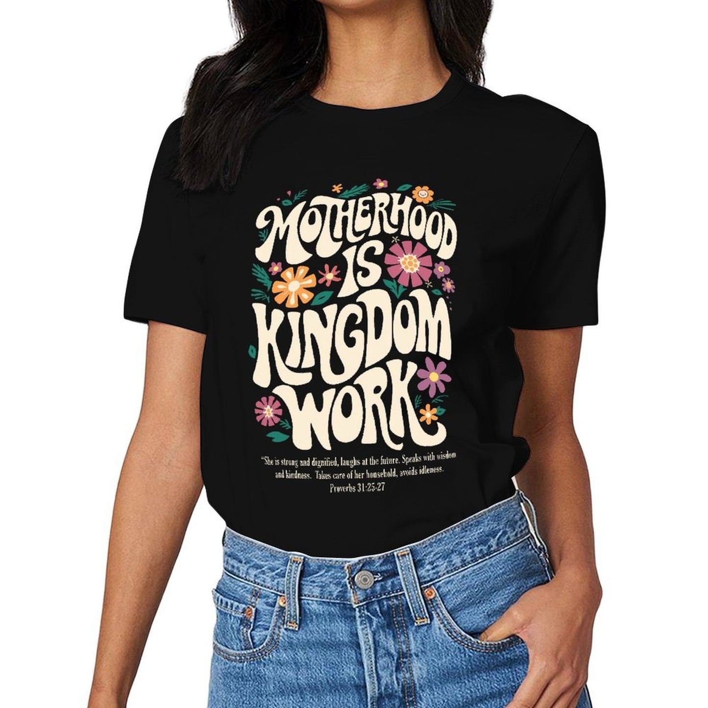 Inkmay Casual Cotton T-shirt Motherhood Is Kingdom Work Floral Design Unisex T-shirtPure Made-to-Order T-Shirt